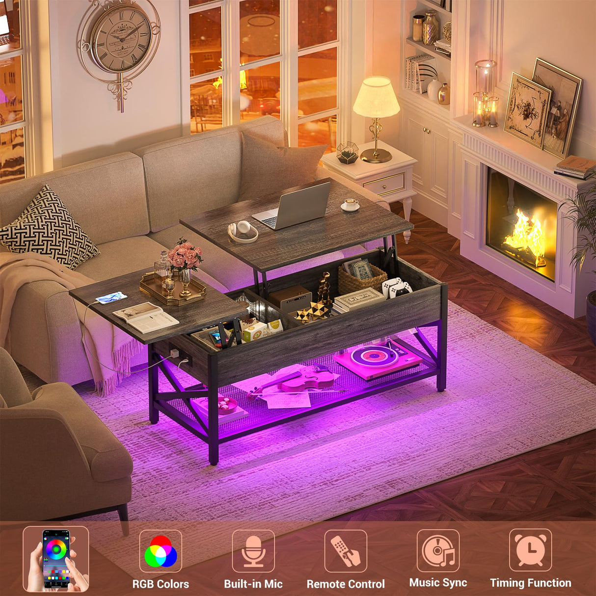 Besiost Coffee Table, Lift Top Coffee Table with Storage, LED Light & Power Outlet and Hidden Compartment, Retro Center Table for Living Room, X Support Wood Tabletop, Metal Frame, Black Oak Besiost