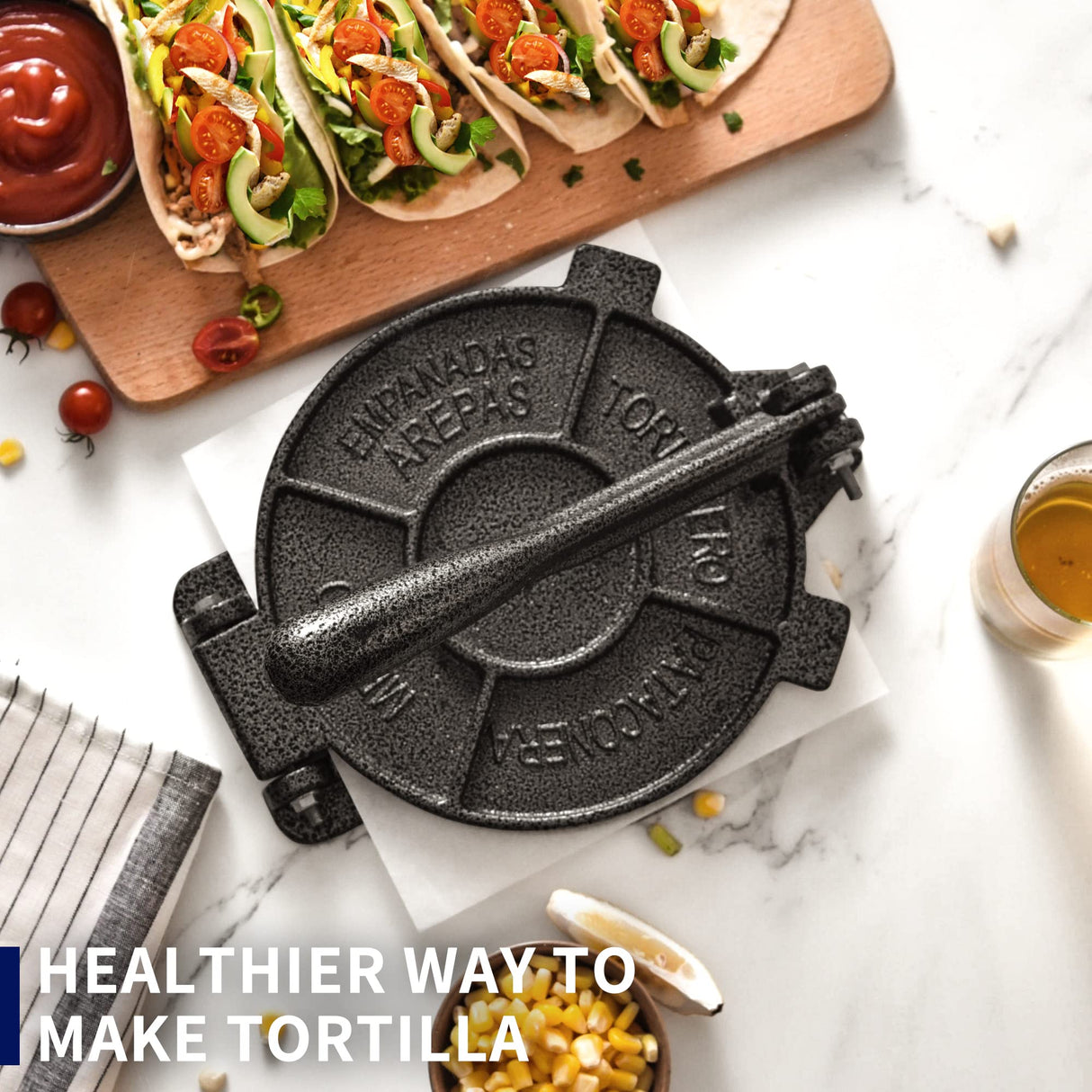 ARC Tortilla Press 8 inch, Cast Iron Tortilla Maker Include 100 Pcs Parchment Paper, Heavy Duty Tortillera Pataconera, Flour Tortilla Press, Roti Maker, Taco Maker, Taco Press, Black Gray ARC Advanced Royal Champion