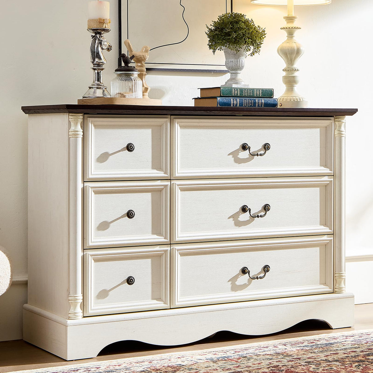 6 Drawers Dresser, Farmhouse Chest of Drawers with Charging Station, Distressed Finish Design, Modern Storage Dressers Organizer TV Stand for Bedroom, Living Room, Hallway, Antique White LegacyAmerhome