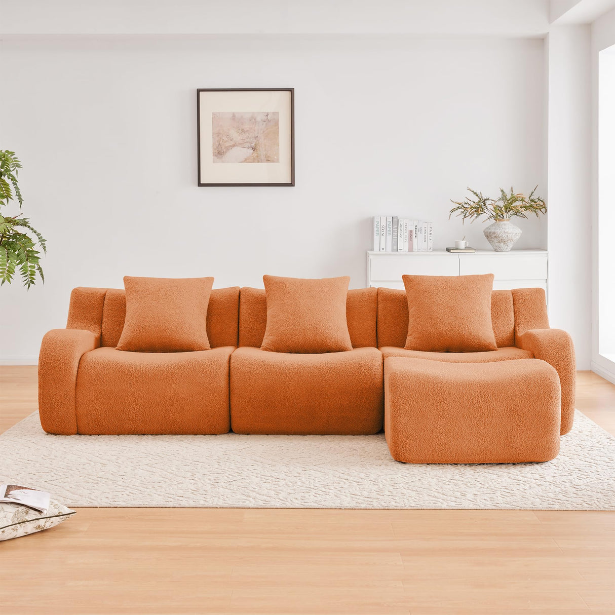 Aoiy & Wifon 115.3" Modular Sectional Sofa, 3-Seater Teddy Deep Seat Cloud Couch with 1 Movable Ottoman, Oversized Boneless Sectional Couch for Living Room, No Assembly Required, Orange Aoiy & Wifon