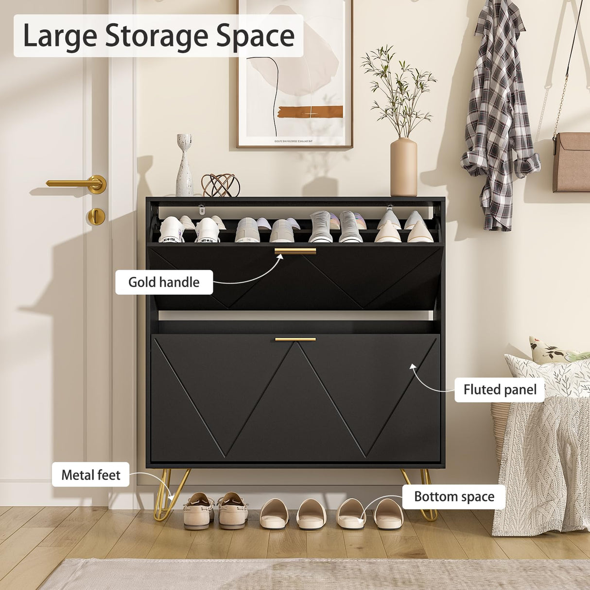 LYNSOM Shoe Cabinet with 2 Flip Drawers, Black Shoe Storage Cabinet, Slim Wooden Freestanding Shoe Rack, Shoe Organizer with Fluted Panel for Entryway Hallway LYNSOM