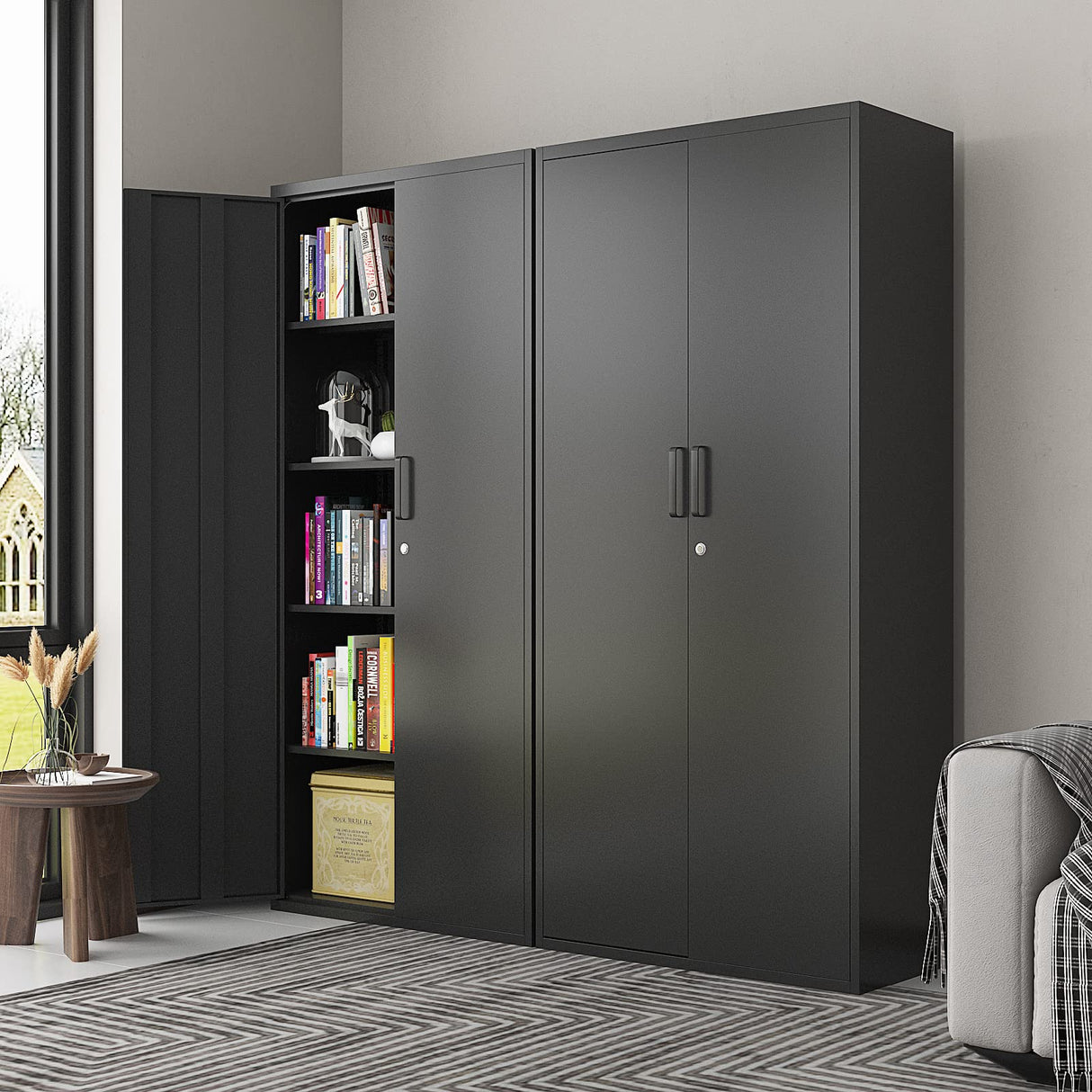 PEUKC Metal Garage Storage Cabinet, 71-inch Tall Storage Cabinet with Adjustable Shelves & Locking Doors, Tool Cabinets for Garage,Office,Home,School,Gym Storage (Black) PEUKC