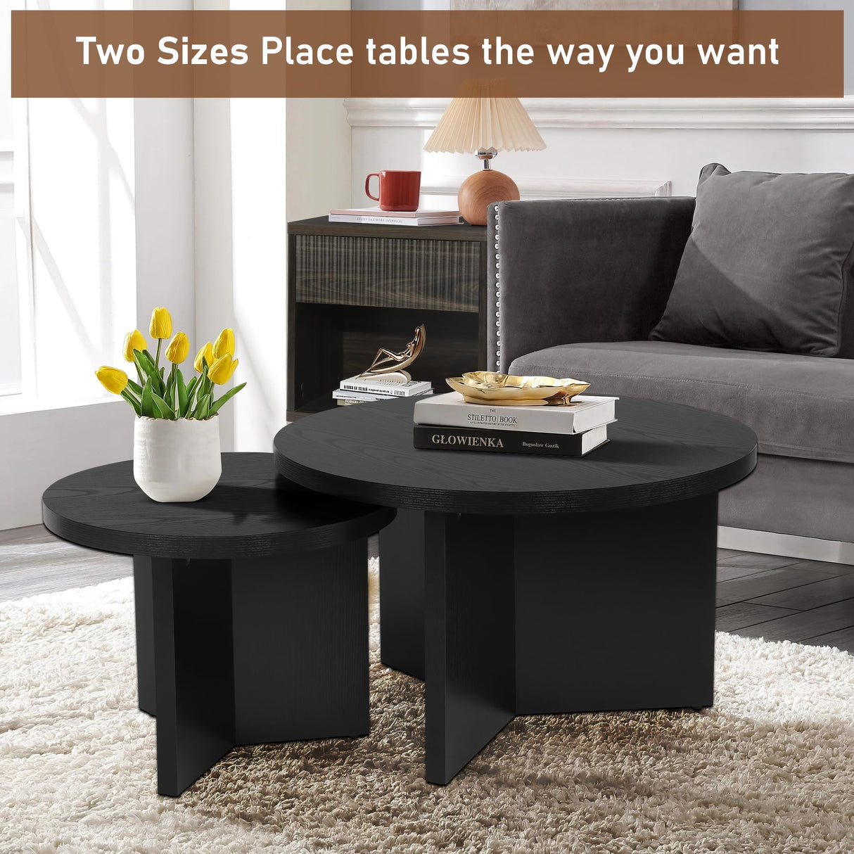 QuicMiou Round Nesting Coffee Table Set of 2, Modern Stacking Table with Wood Grain Finish, End Table Side Tables for Living Room (Black) QuicMiou