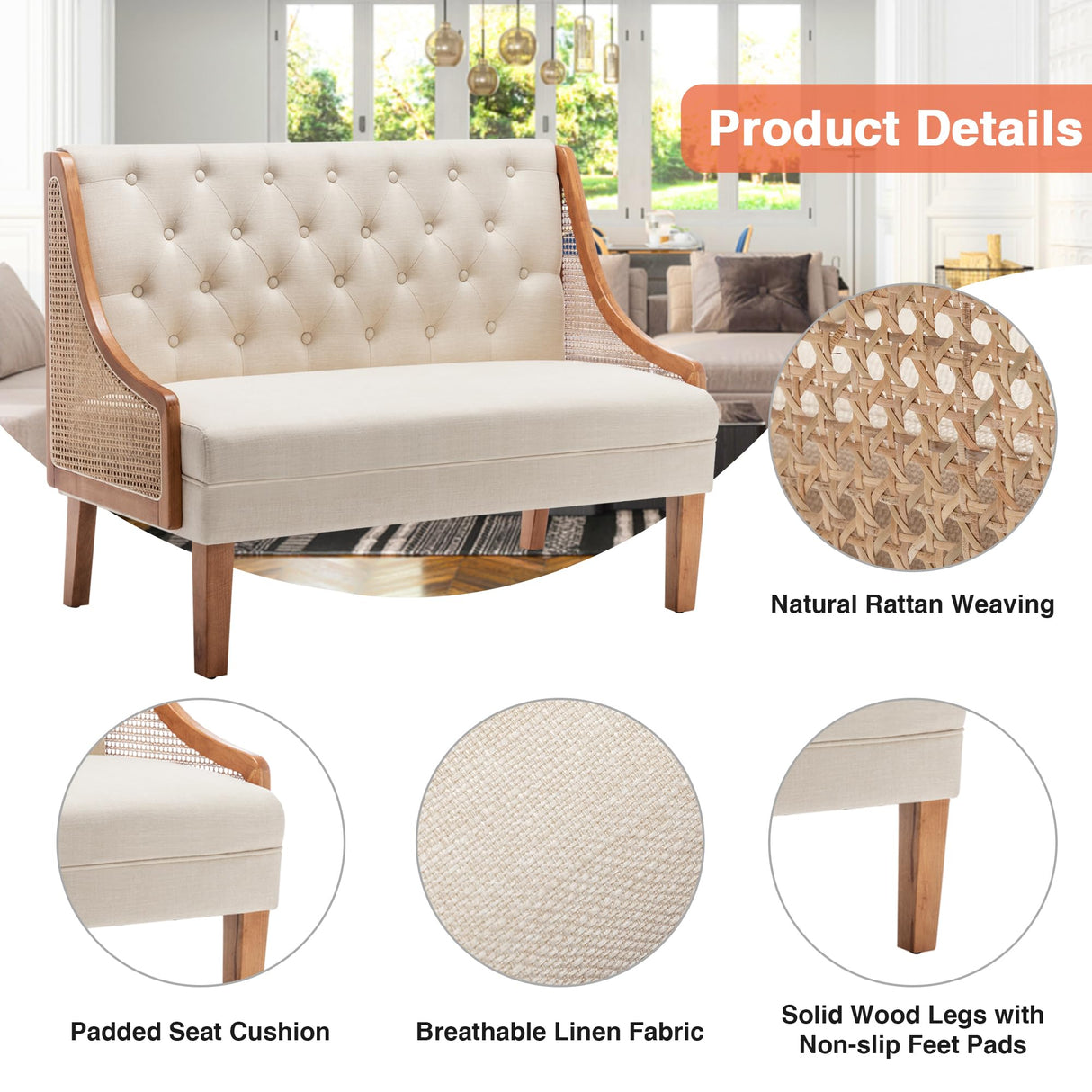 Yongqiang Modern Settee with Back Small Loveseat Sofa Rattan Upholstered Dining Banquette Seating for Kitchen Dining Room Living Room Linen Button Tufted Mini Couch Yongqiang