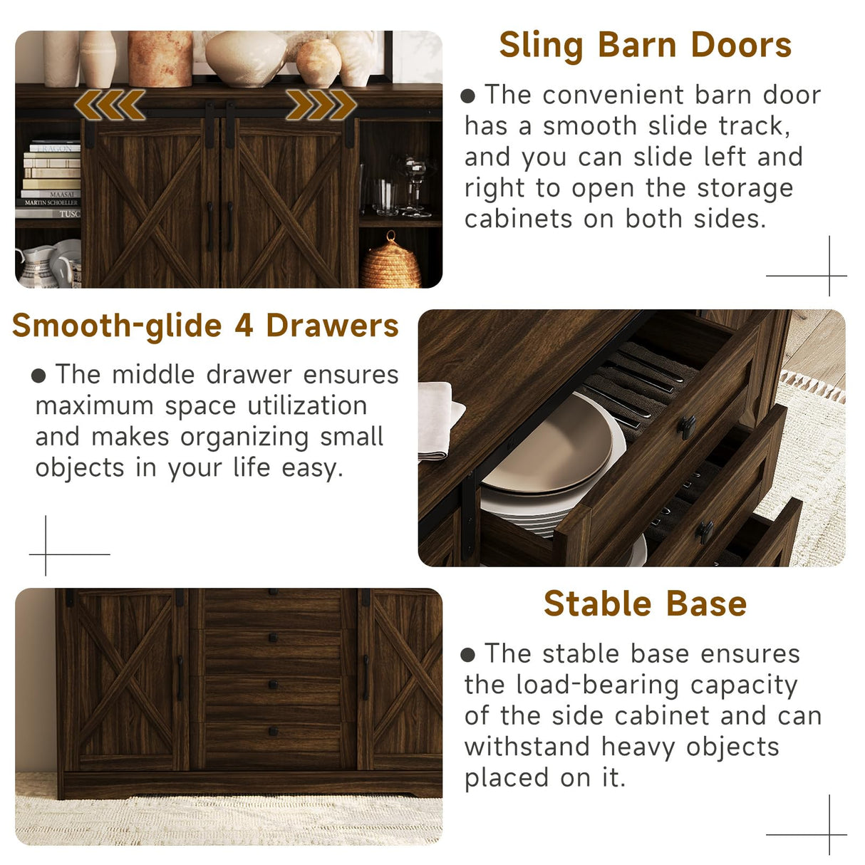 Luoxiao Sideboard Buffet Cabinet with Storage, 55 inch Farmhouse Cabinet with 4 Drawers, Sliding Barn Door, Adjustable Shelves, 32inch Tall Coffee Bar for Living Room, Kitchen, Dark Oak Luoxiao