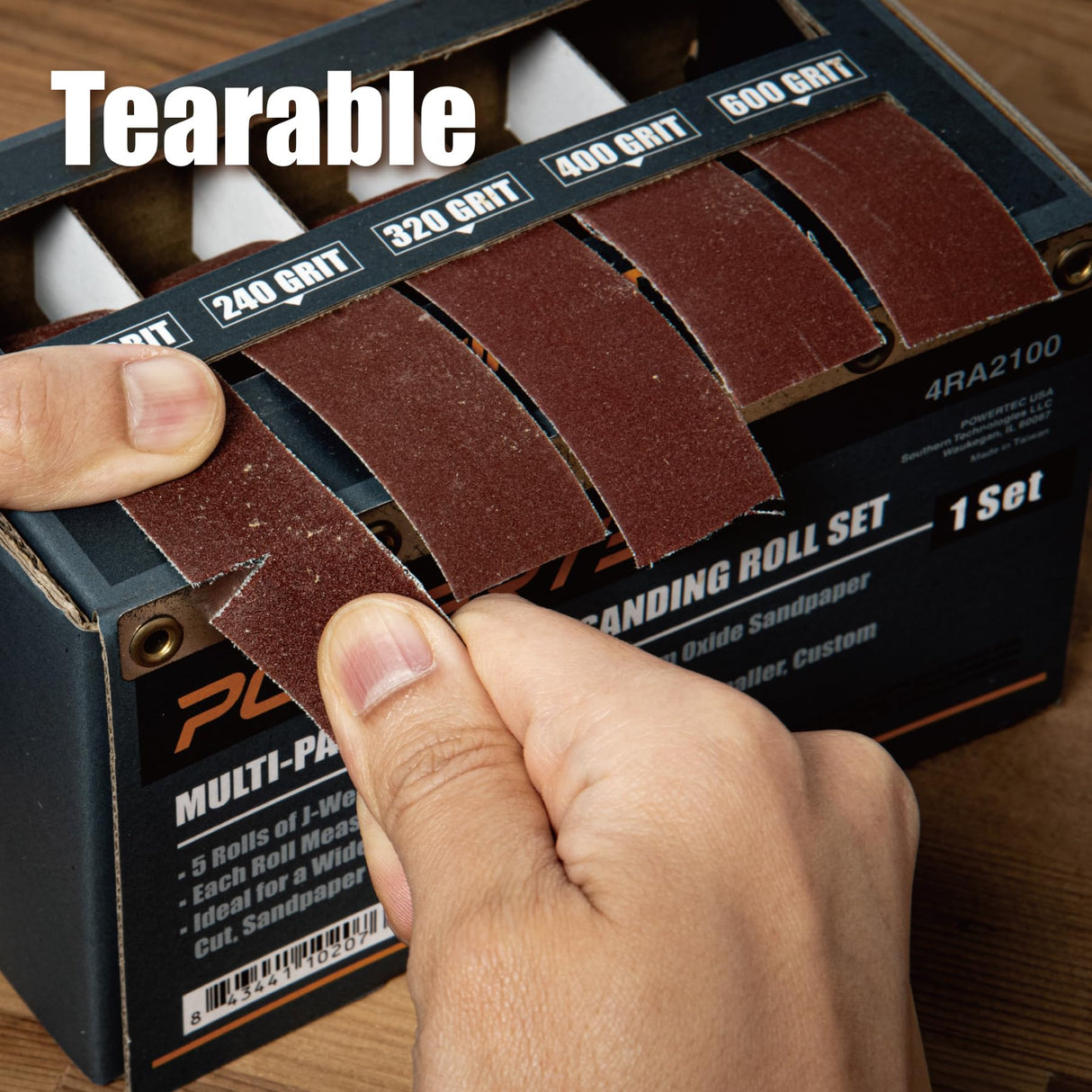 POWERTEC 4RA2100 Boxed Abrasive Sanding Rolls for Automotive/Woodworking | Sandpaper Dispenser Box with 5 Rolls for Sanding – Includes Assorted Grits 150/240/ 320/400/ 600 POWERTEC