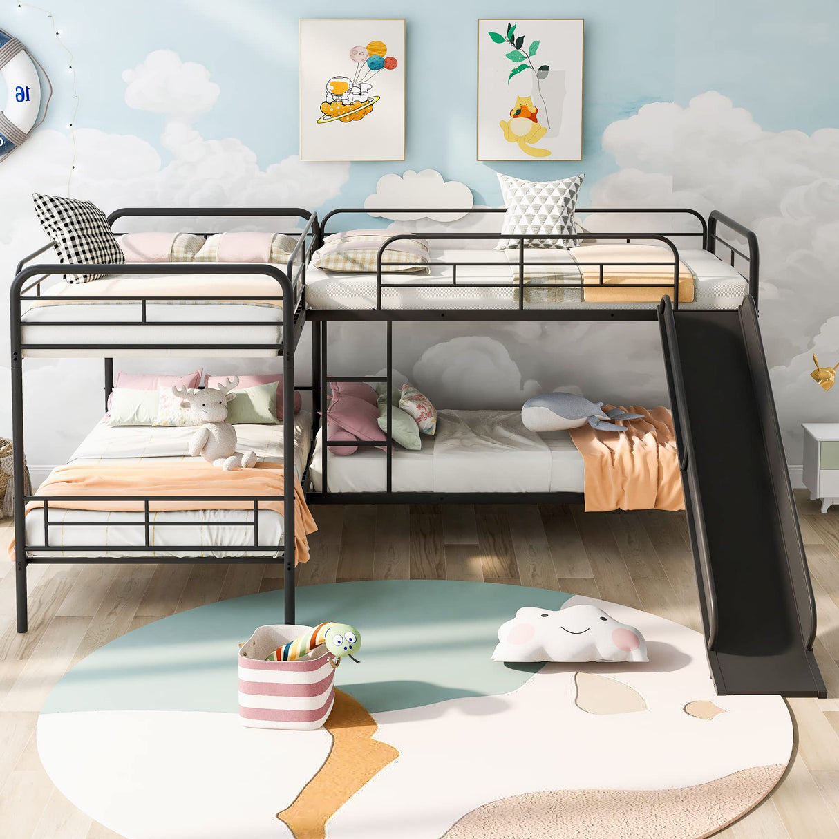 L-Shaped Bunk Bed for 4 Quad Bunk Bed with Slide and Ladder Twin-Over-Twin Metal Bunk Bed Frame for 4 Kids Boys Girls Teens, Black Bellemave