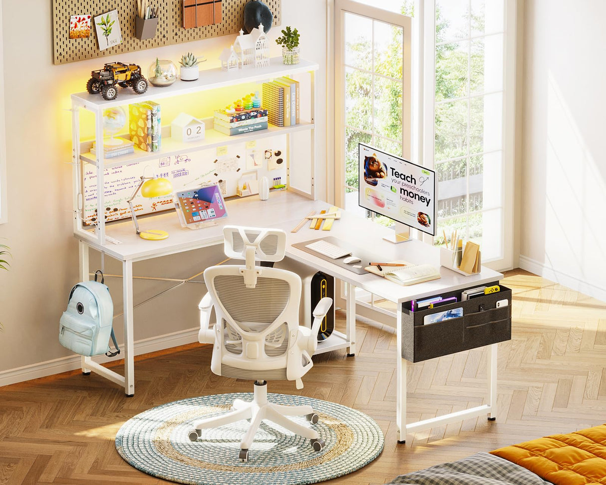 AODK L Shaped Desk Gaming Desk with LED Light & Power Outlet, 53 Inch Reversible L Shaped Computer Desk with Shelf, Corner Desk with Storage Bag&Hook for Home Office Desk, White AODK