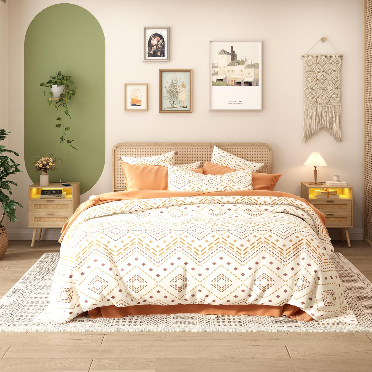 Halitaa Rattan Nightstands Set of 2 with Charging Station and Led Lights, End Tables with 2 Drawers and Wood Legs, Bedside Tables Night Stands for Bedrooms, Side Tables Living Room (2 Pack) Halitaa