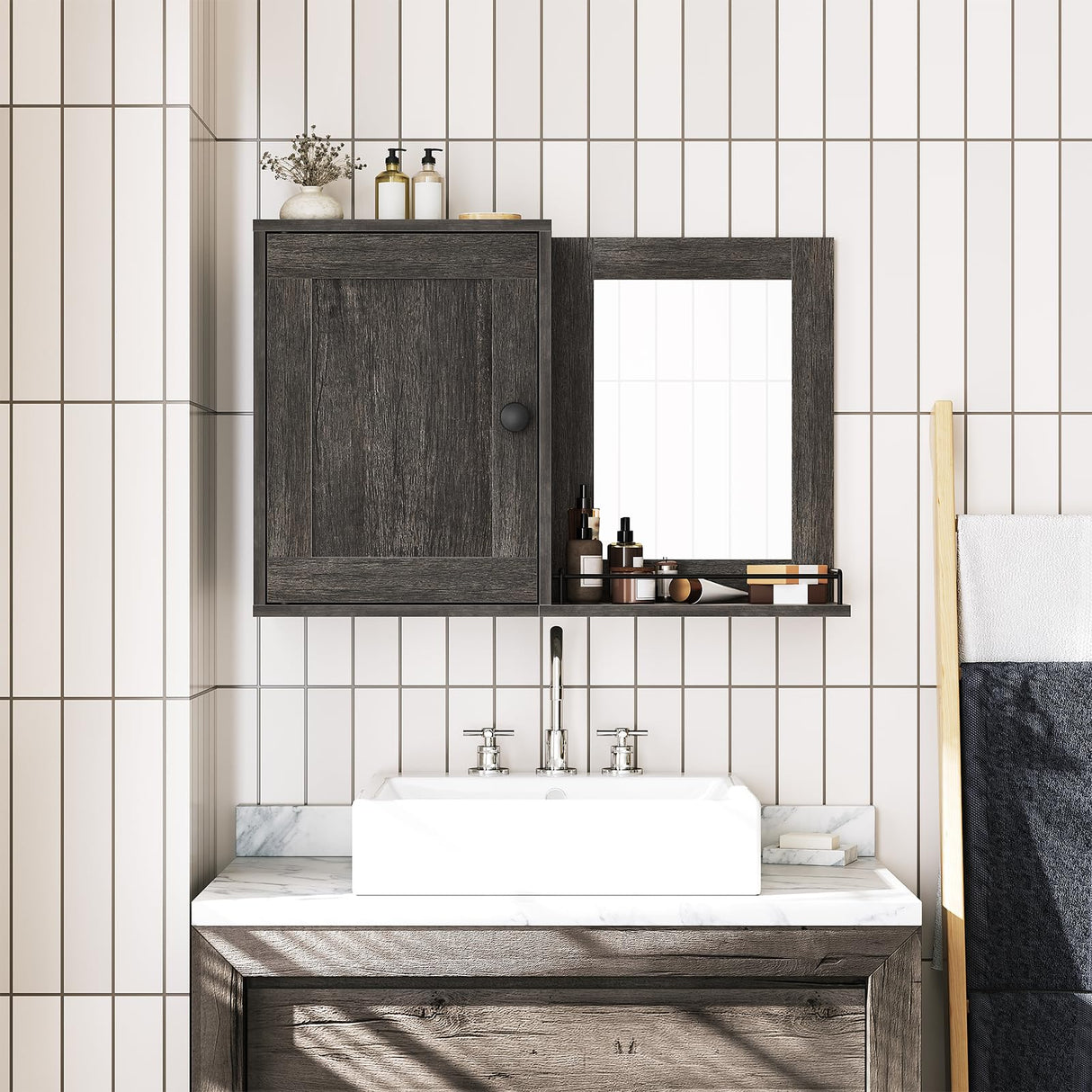 YATINEY Bathroom Medicine Cabinet with Mirror, Wall Mounted Home Storage, Medicine Cabinet Mirror, Bathroom Wall Cabinet, Adjustable Shelf, for Laundry Room, Bedroom, Camper, Hallway, Smoky Oak YATINEY