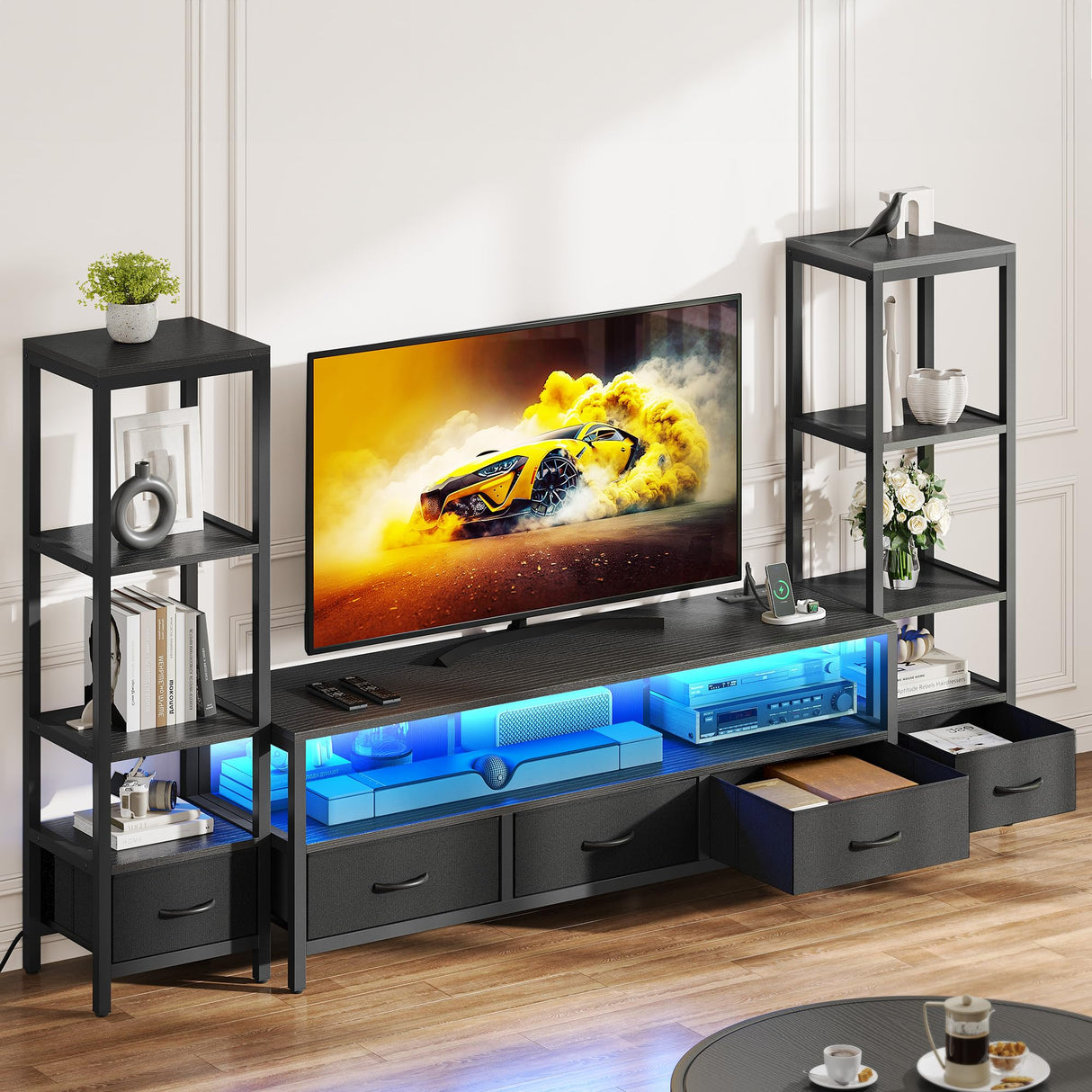 YITAHOME TV Stand 65 Inch for Living Room, LED Entertainment Center with Storage, TV Stand with 4 Tier Industrial Bookcase & Power Outlets, Modern Farmhouse TV Console Cabinet, Black YITAHOME