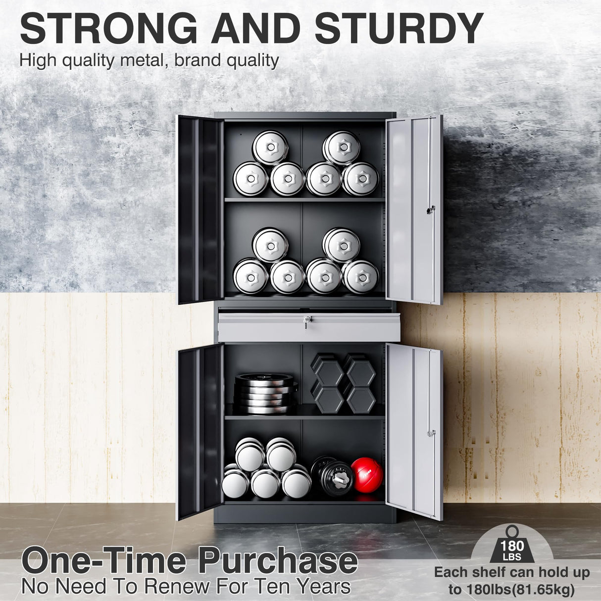 Metal Garage Storage Cabinet with Doors and Shelves,Metal Storage Cabinet with Lock and Drawer,Metal Cabinet with Locking Doors,4 Door Steel Cabinet,71" Lockable Storage Cabinet for Garage,Home,Office SISESOL