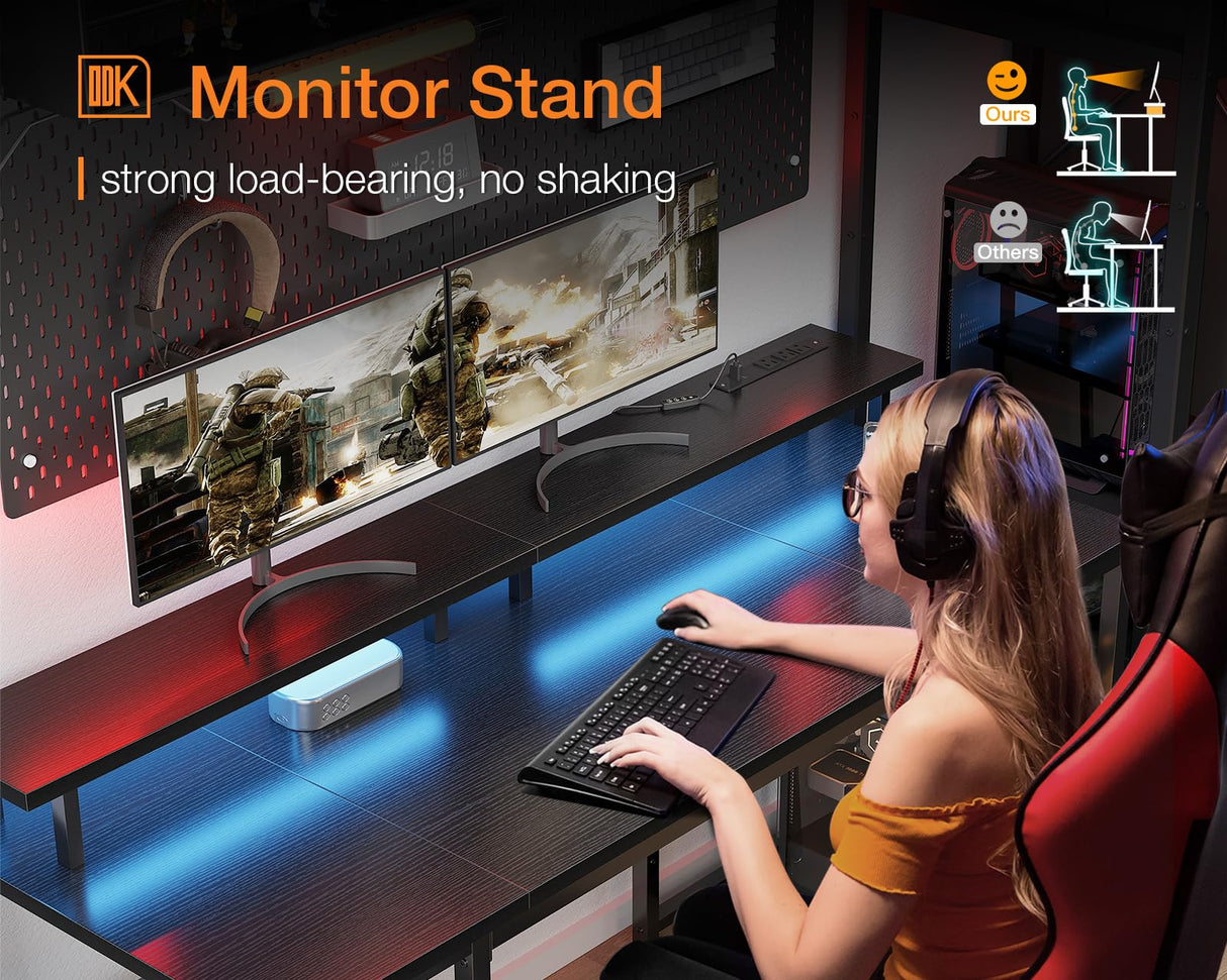 ODK 55 inch Gaming Desk with LED Lights & Power Outlets, Computer Desk with Monitor Stand & Storage Sheves, CPU Stand, Home Office Desk, Black ODK