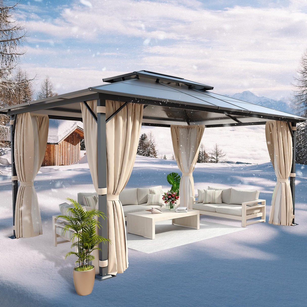 Aoxun 10'x13' Hardtop Gazebo, Outdoor Polycarbonate Double Roof Gazebo with Aluminum Frame Permanent Pavilion and Curtains & Netting for Backyard, Patio, Deck, Parties (Brown) Aoxun