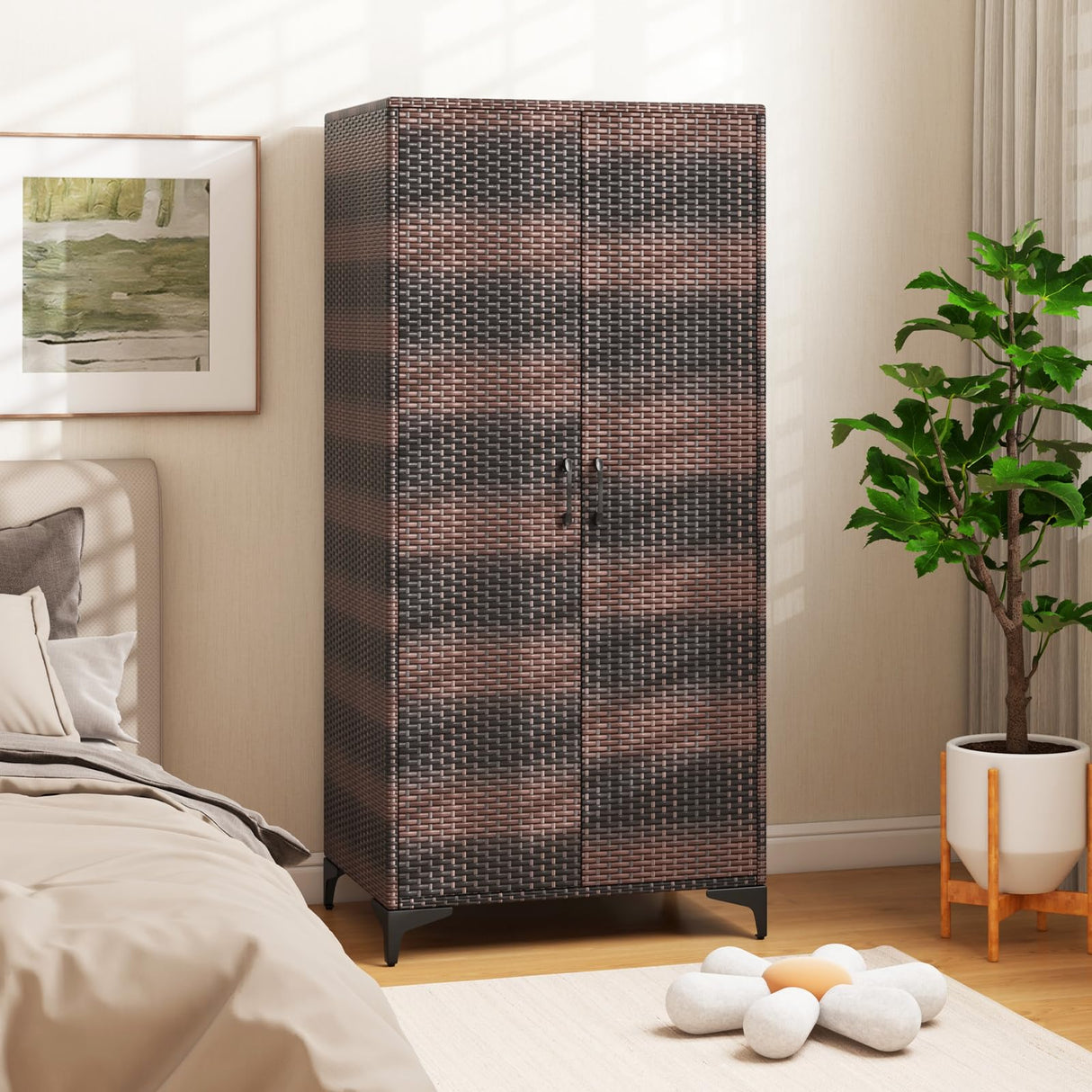 Giantex Wicker Storage Cabinet, 62” Tall Pantry Cabinet with 2 Doors, Hanging Rod, 4 Storage Cubes, Metal Legs, Anti-Tipping Device, PE Rattan Storage Cabinet for Home Office, Garage Cabinets (Brown) Giantex