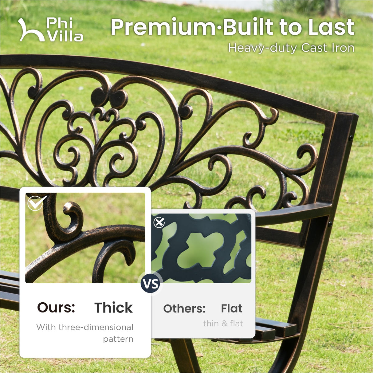 PHI VILLA 50" Garden Bench Outdoor Bench Patio Bench for Outdoors Metal Porch Steel Frame Furniture for Yard PHI VILLA