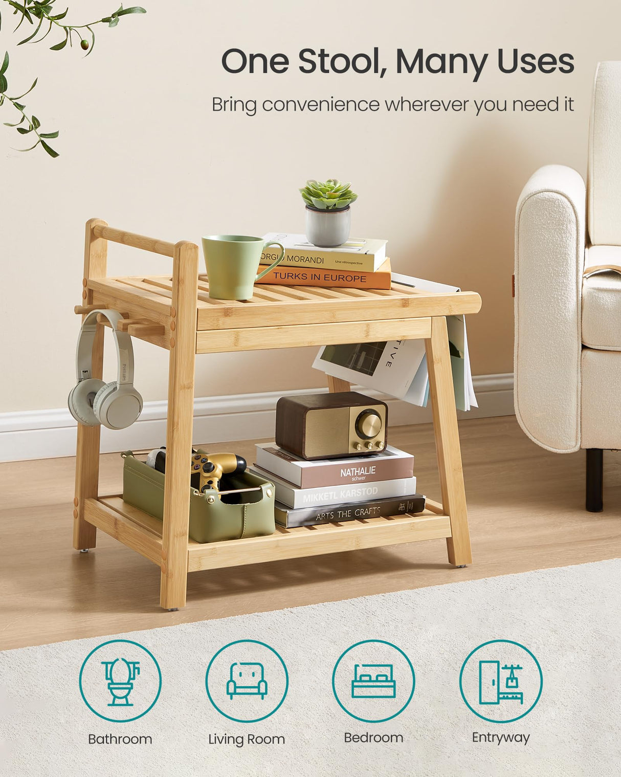 SONGMICS Bamboo Shower Bench with Storage Shelf, Shower Chair, Water Resistant Shower Stool with Handle and Hooks, Shower Head Holder, Non-Slip Feet, for Bathroom, Adults, Natural Beige UBCB121N01 SONGMICS