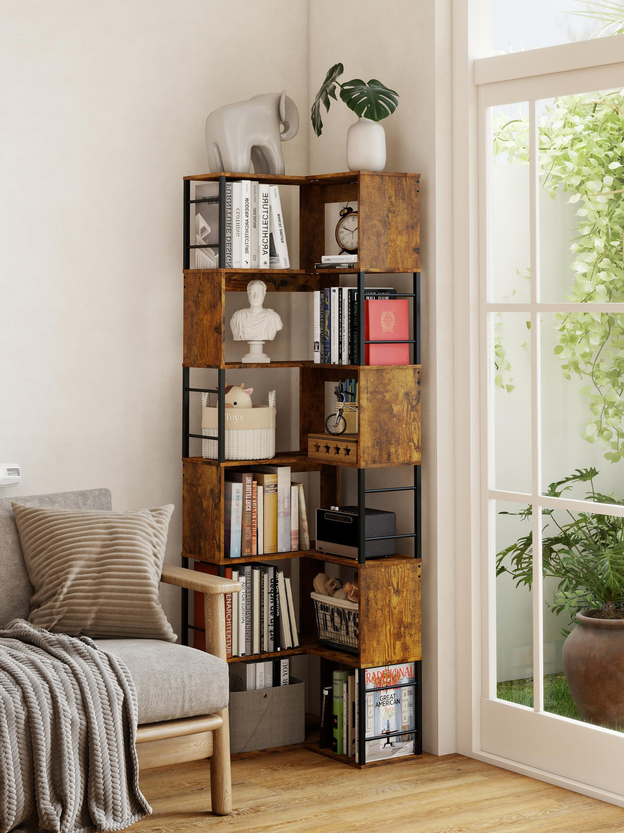 7 Tier Corner Bookshelf 74 Inches Tall Corner Bookcase Industrial L Shaped Book Shelf with Metal Frame Display Rack Storage Organize for Home Office,Living Room,Bed Room (Brown) Suuiwau