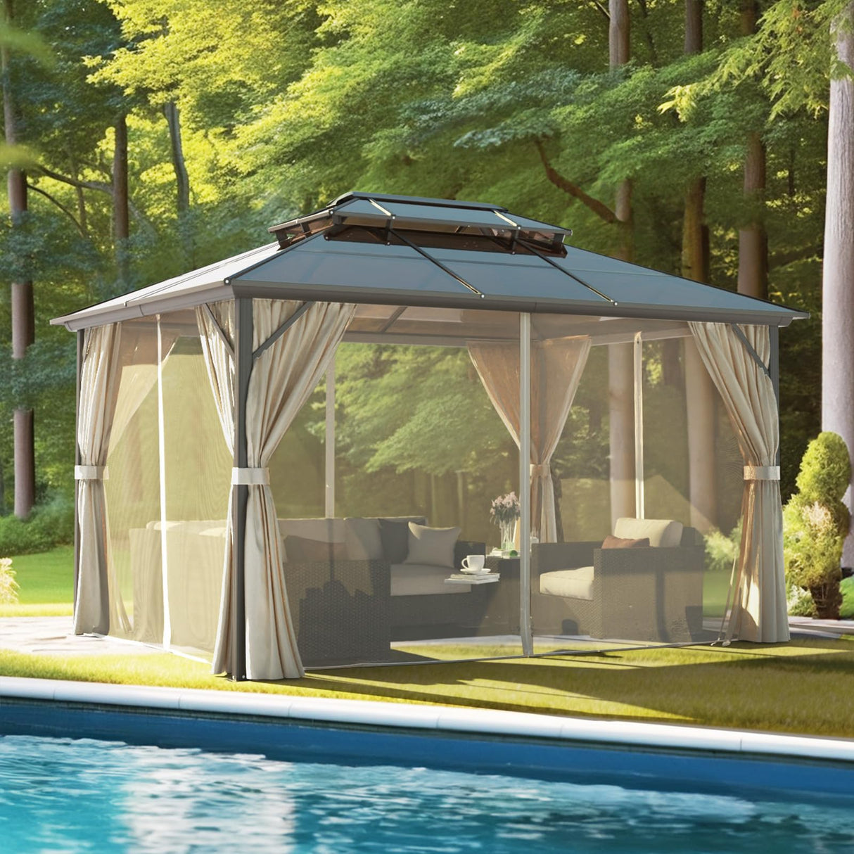 VINGLI 10’ x 13’ Outdoor Hardtop Gazebo Polycarbonate Double Roof Canopy Aluminum Frame Pavilion with Curtains and Netting Patio Gazebo Pergola VINGLI