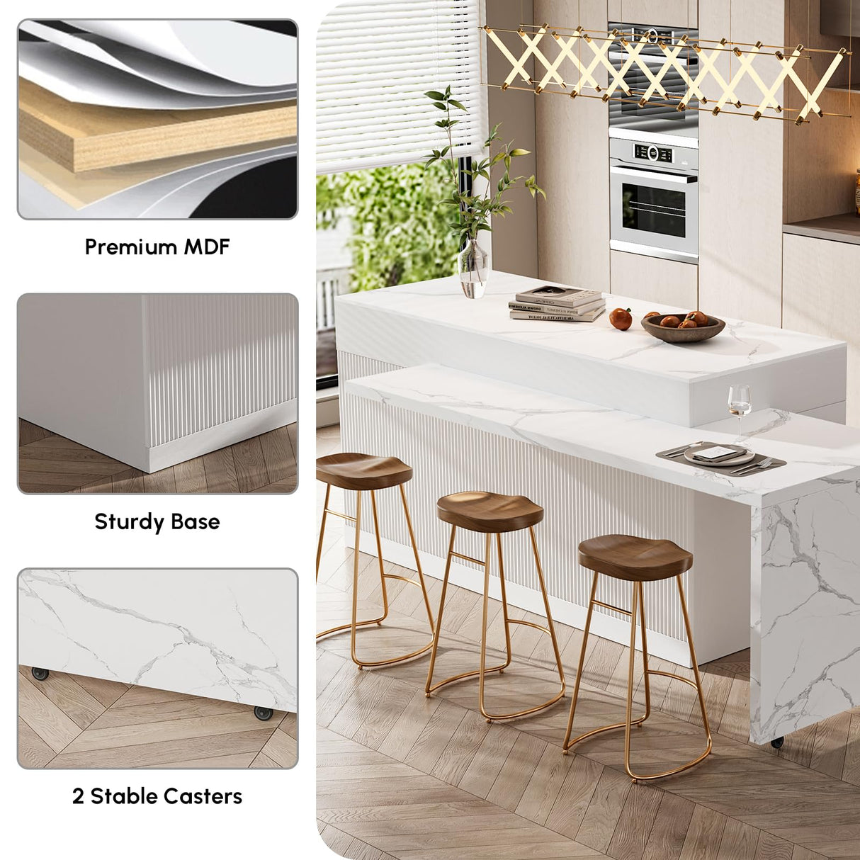 homary Kitchen Islands with Seating 81''-106" Extendable Kitchen Storage lsland with Doors&Drawers Marble Pattern Top homary