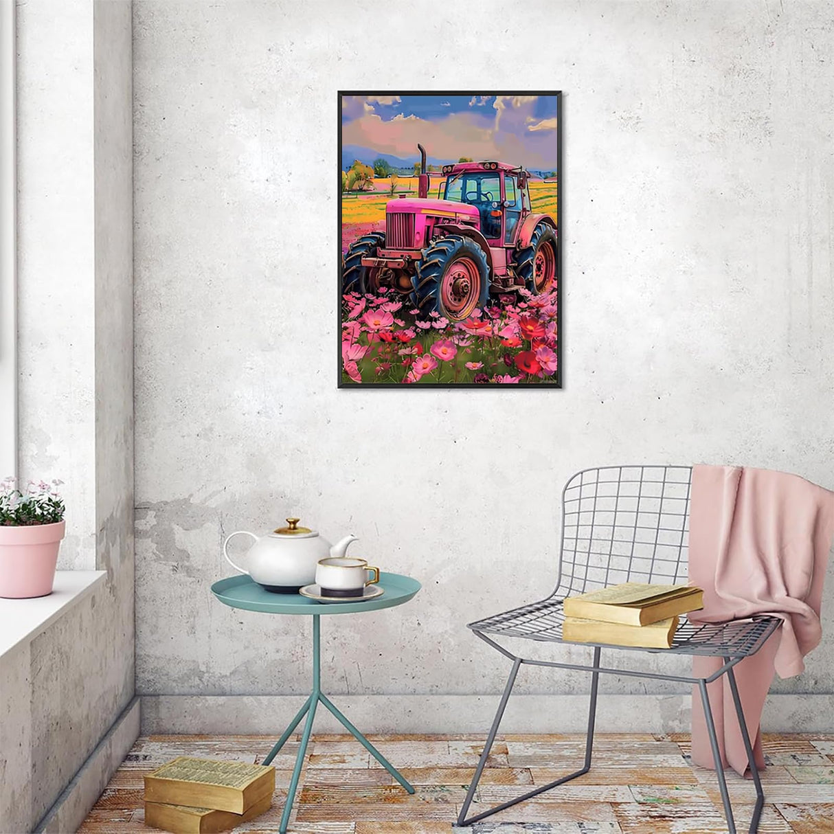 UPABLUNSO The Pink Tractor in The Field of Flowers Diamond Painting Kit Handmade Hobbyist Tractor Diamond Painting 5D Round Diamond Cross Stitch Crafts Wall Decoration Gifts 12x16 inch UPABLUNSO