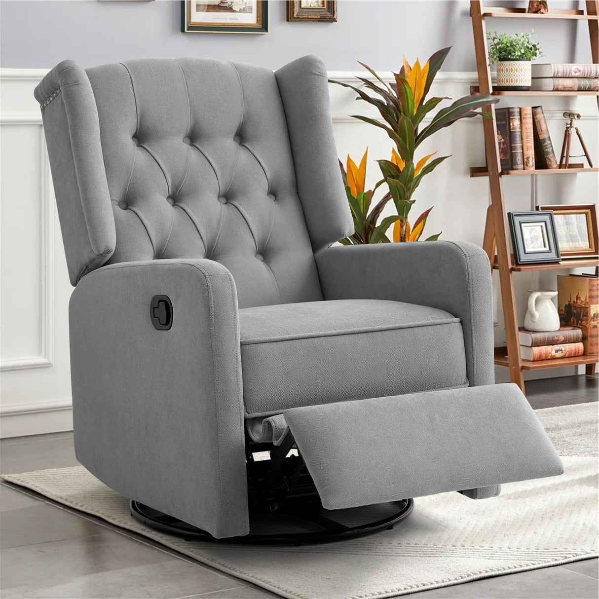 360 Swivel Rocker Recliner Chair for Adults, Nursery Chair for Small Spaces Living Room, Upholstered Fabric Glider Recliner, Pigeon Grey RESTREAL