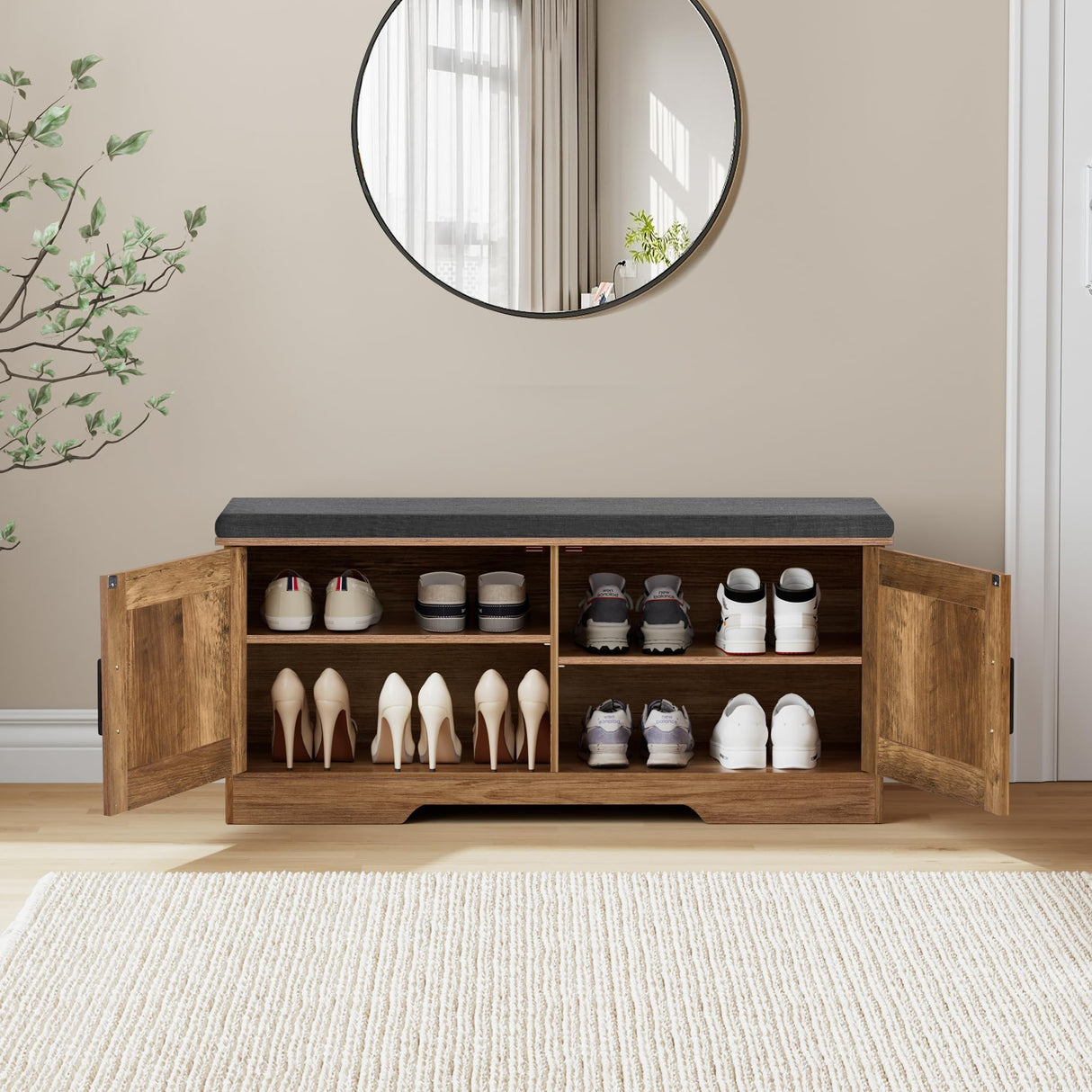 HOMSHO 2-Tier Storage Bench, Shoe Bench with Padded Seat Cushion, Entryway Bench with 2 Barn Doors, Adjustable Shelf, 13.8" D x 39.4" W x 17.7" H, for Entryway, Living Room, Bedroom, Rustic Walnut HOMSHO