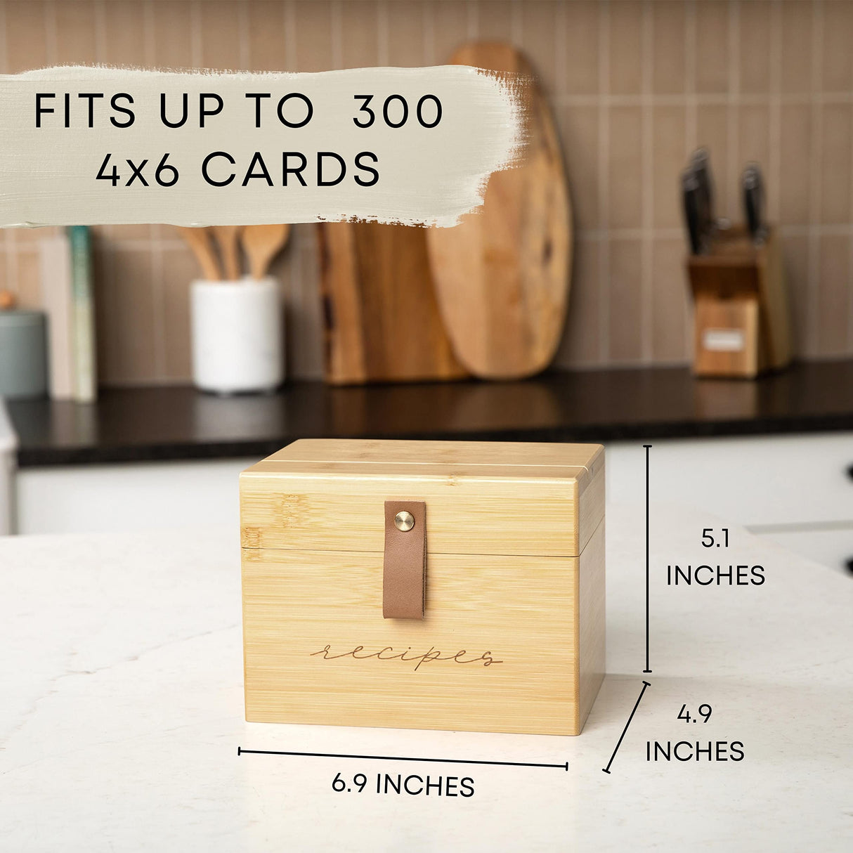 Pera Blanca Recipe Box with Cards and Dividers | Recipe Card Box Faux Leather Handle | 50 Eucalyptus Patterned Recipe Cards and Box Set | Wooden Recipe Box | Housewarming Gift | Recipe Box 4x6 Pera Blanca