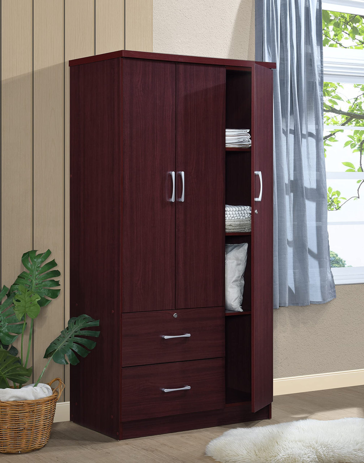 Hodedah 3-Door 2-Drawers, 3-Shelves in Mahogany Bedroom Armoires Hodedah