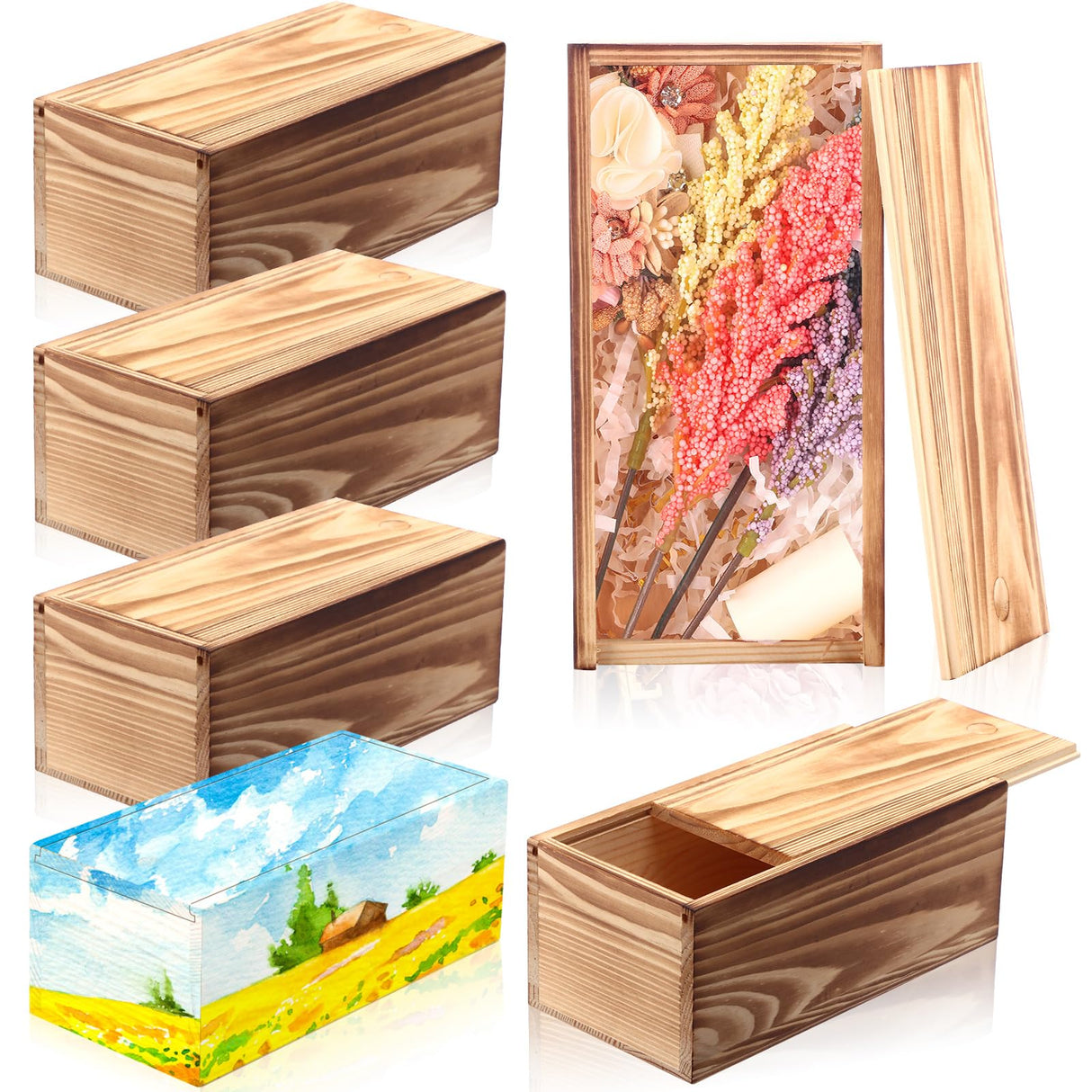 Suzile 6 Pcs Unfinished Wood Boxes, 8 x 4 x 3.15 Inch Small Wooden Box with Lid Wood Craft Box Small Rectangle Wooden Crates for DIY Birthday Party Favor Gift Supplies(Dark Brown) Suzile