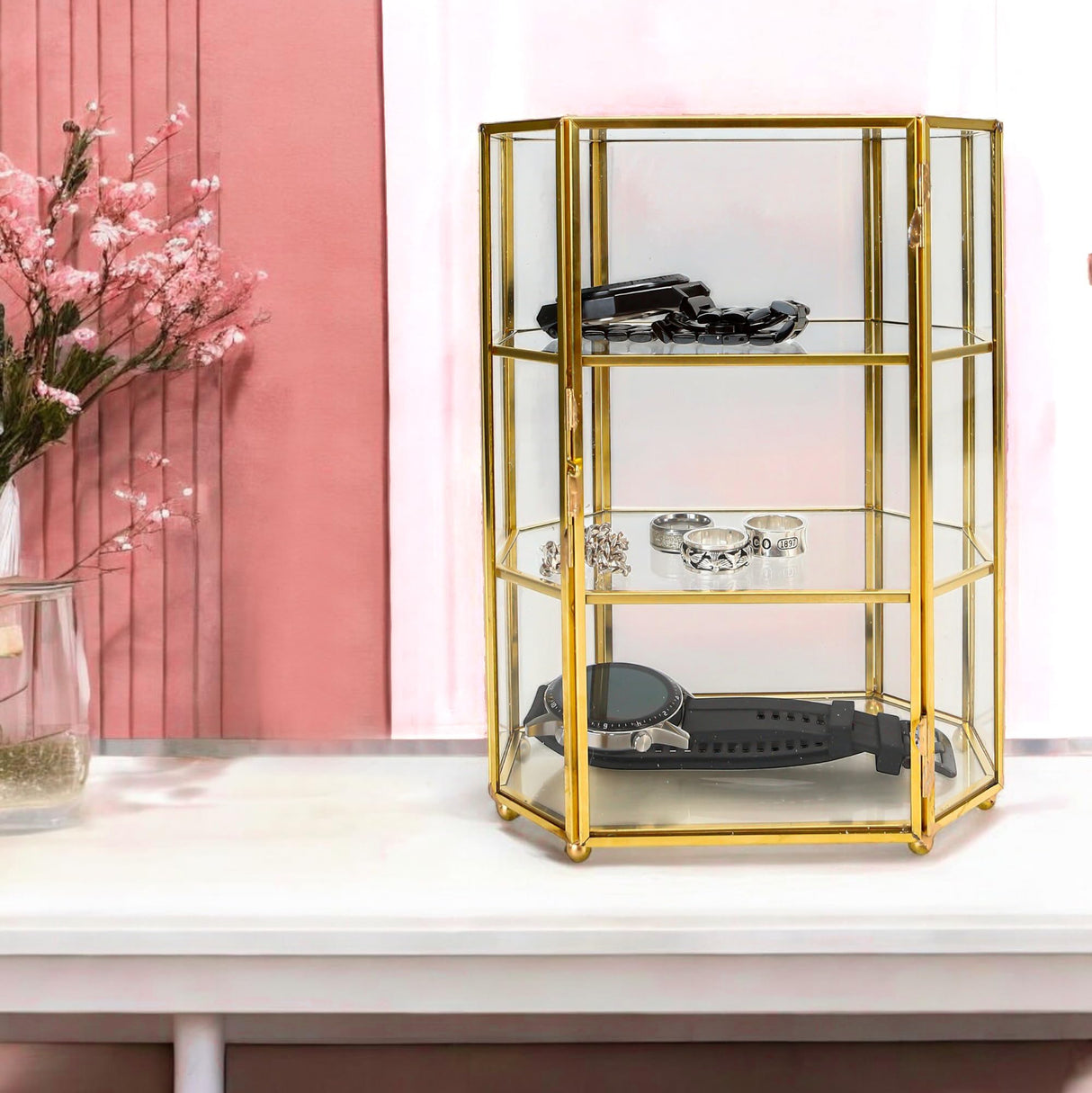 BuleVina Glass Jewelry Display Case 6.7x4x8.4 inches Small Cabinet, 3-Tier Geometric Box Keepsake Trinket for Rings, Earrings, Crystals, Makeup Organizer, Multifunction Table Decoration Storage BuleVina