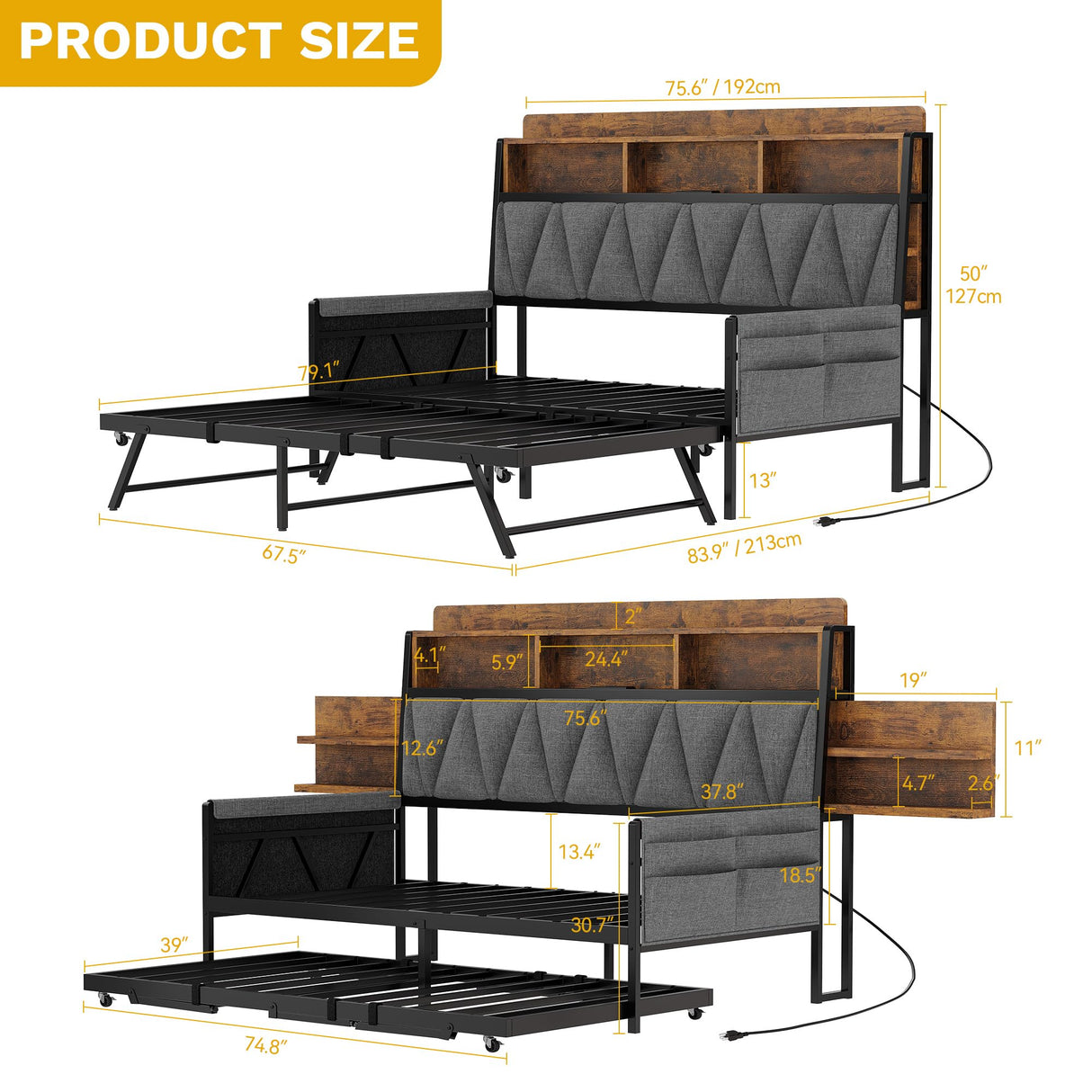 YITAHOME Twin Size Daybed with Trundle, Heavy Duty Metal Bed Frame with RGB LED Lights, Upholstered Storage Bookcase Headboard with Charging Station for Living Room, Bedroom and Guest Room, Grey YITAHOME