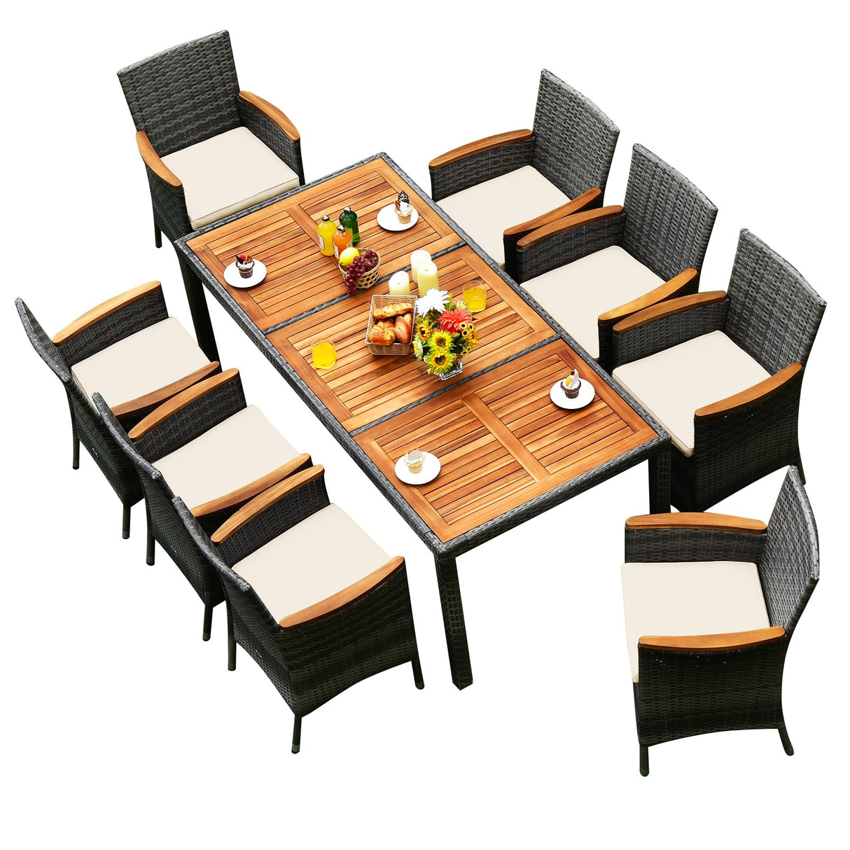 COSTWAY 9PCS Patio Rattan Dining Set Acacia Wood Table Cushioned Chair Mix Gray COSTWAY
