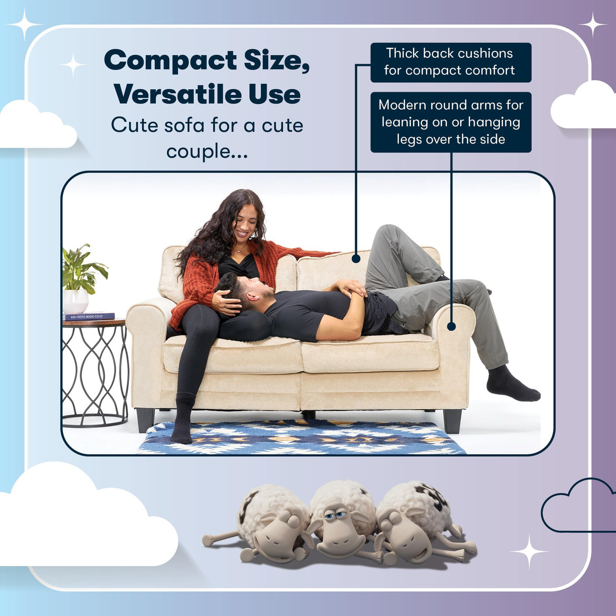 Serta Copenhagen Rolled Arm Sofa, Easy Care Polyester, Soft Pillow Back, Pocket Coil Seat Cushions, Removable Covers, Couch for Small Spaces, Living Rooms or Bedrooms, 61" Loveseat, Tan Serta