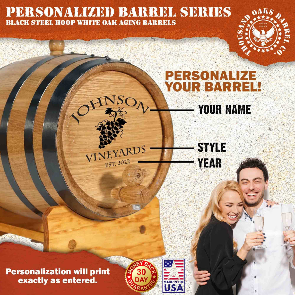 Personalized 10 Liter Oak Wine Barrel (2.5 gallon) with Stand, Bung, and Spigot | Small Wine Barrels for Home Aging | Engraved Custom Wine Barrel THOUSAND OAKS BARREL