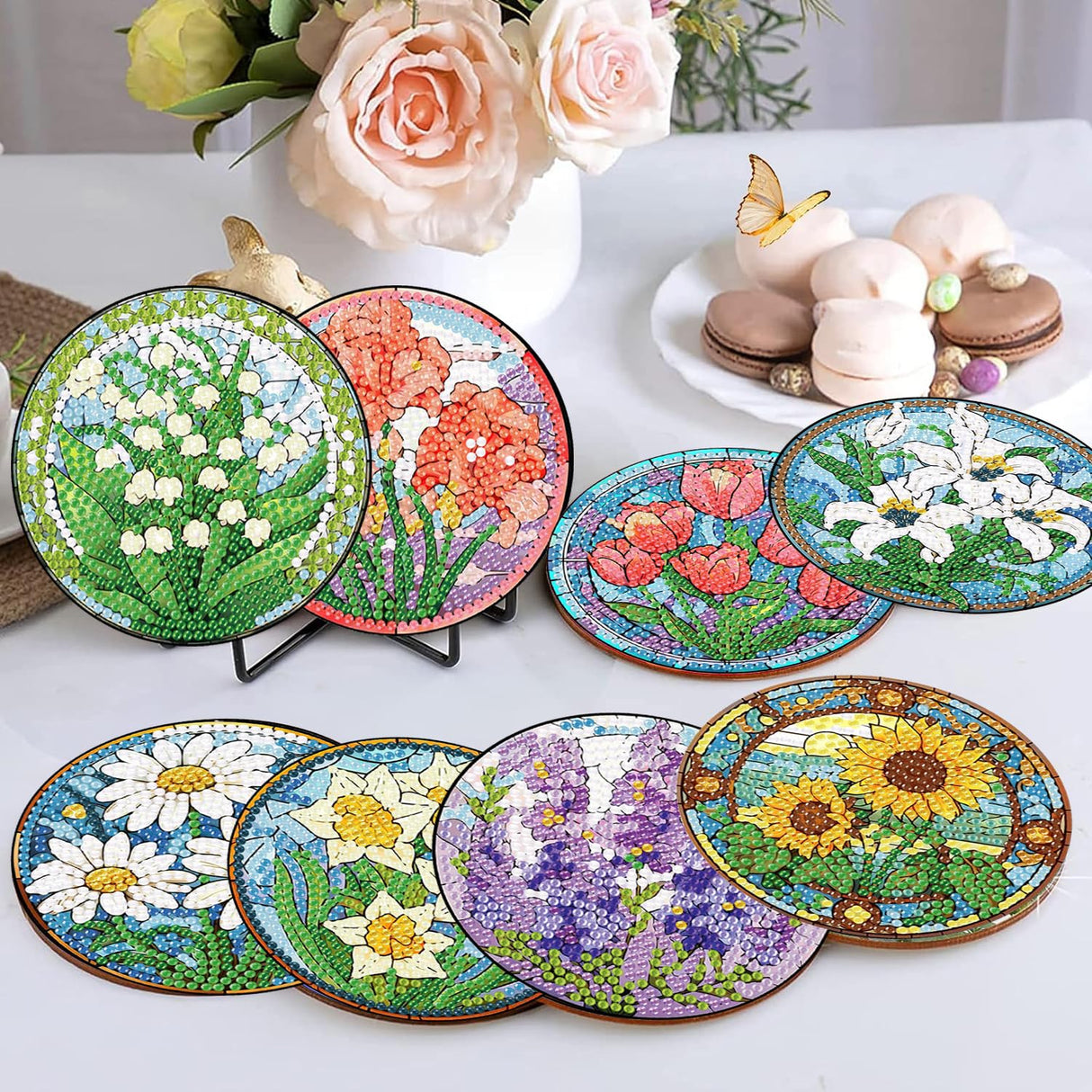 croshom 8 PCS Flowers Diamond Art Coasters Diamond Painting Coasters Kits with Holder Flowers DIY Coaster for Adults Beginners, Diamonds Art Crafts Supplies Sunflowers croshom