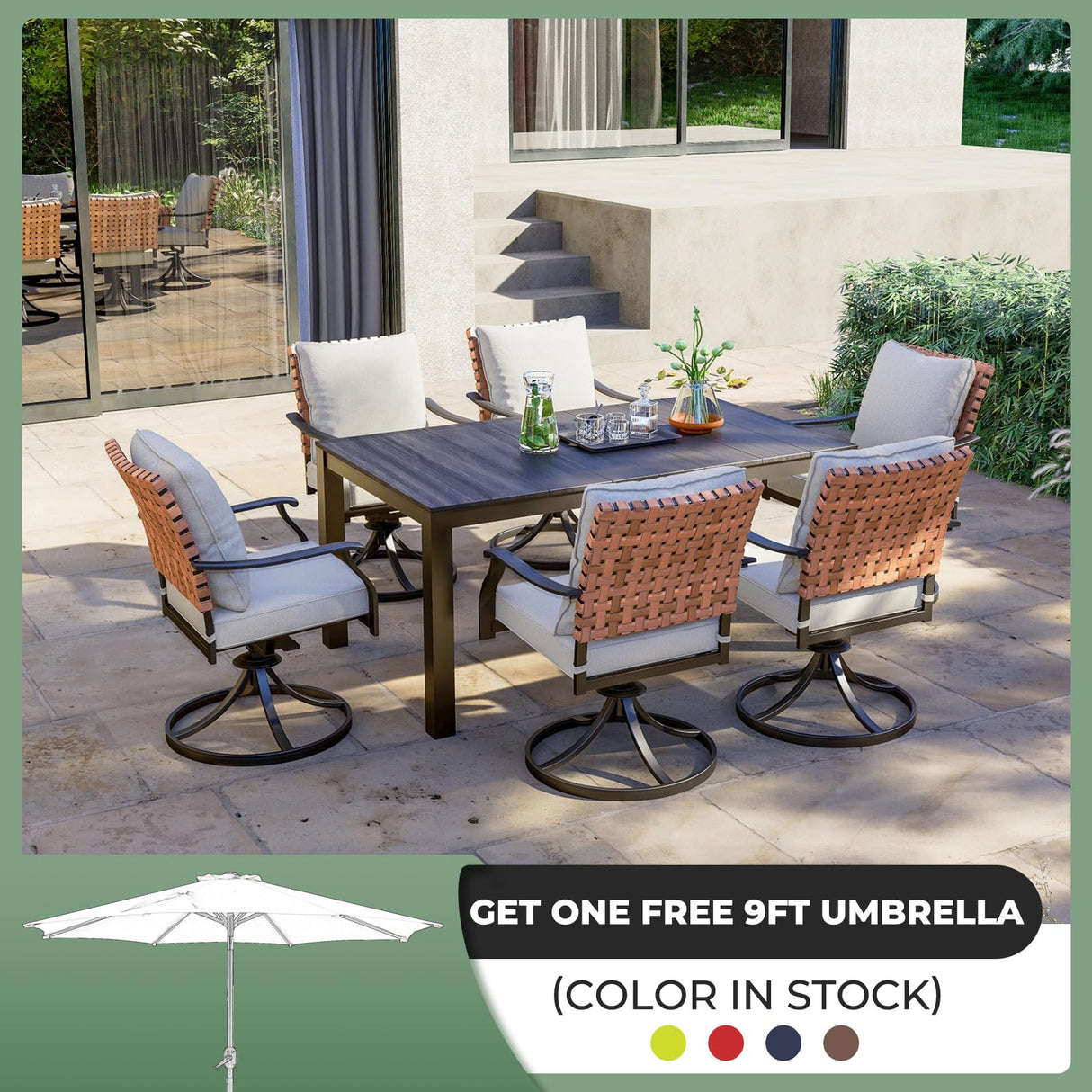 Grand patio 7-Piece Outdoor Dining Set, 6 Leather-Look Wicker Swivel Patio Chairs & 1 Rectangular Faux Woodgrain Dining Table, Dark Brown Grand patio