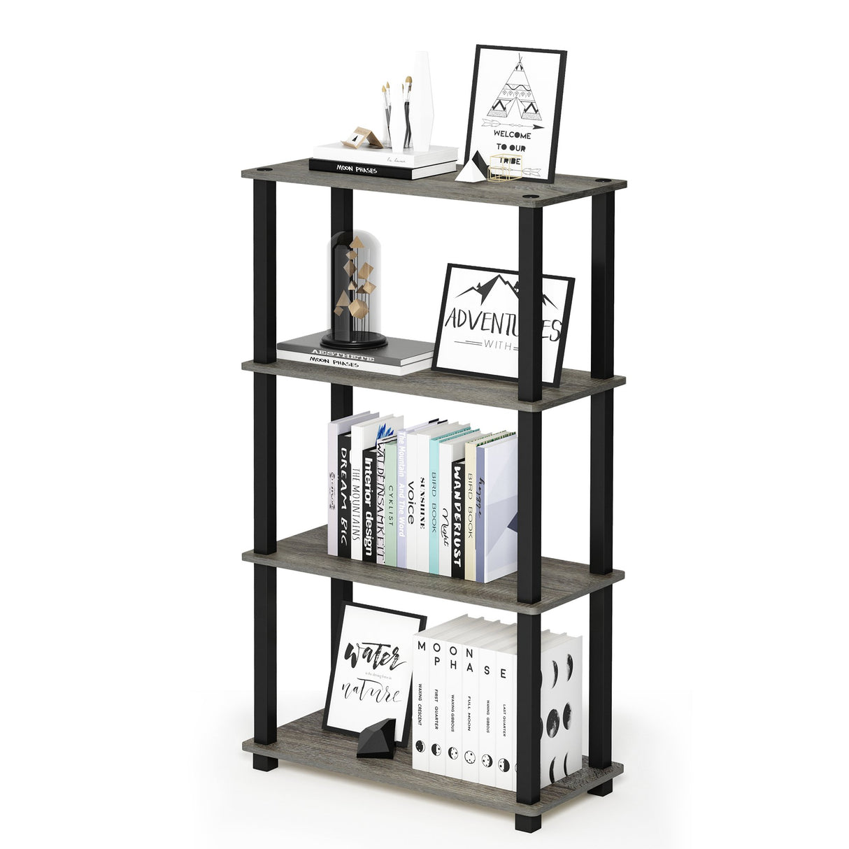 Furinno Turn-N-Tube 4-Tier Multipurpose Shelf Display Rack, Square Tube, French Oak Grey/Black Furinno