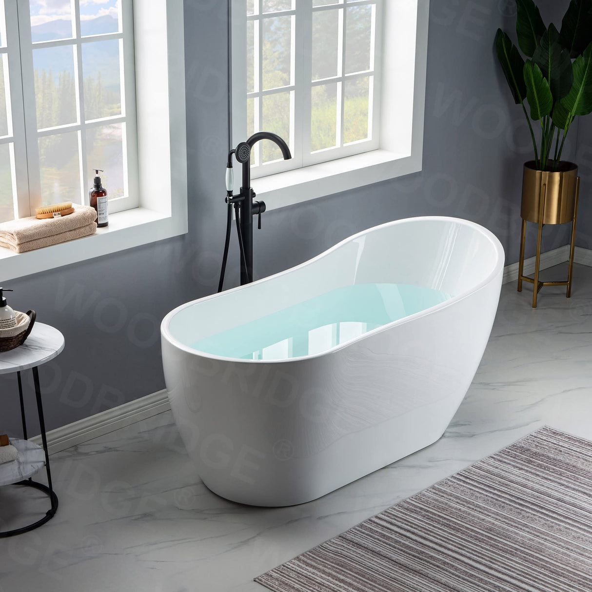 WOODBRIDGE 59" Acrylic Freestanding Bathtub Contemporary Soaking Tub with Matte Black Drain and Overflow WOODBRIDGE