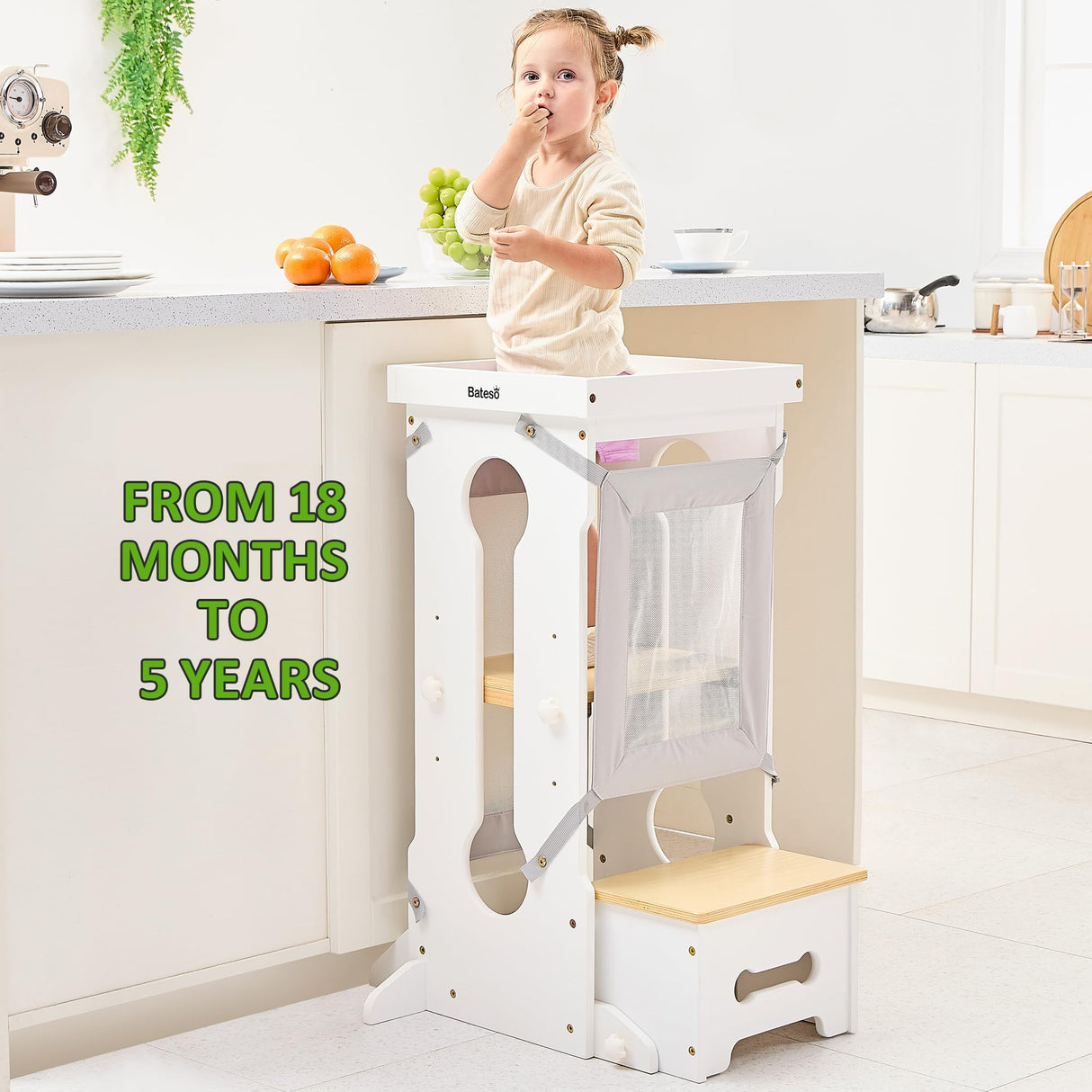 Bateso Toddler Standing Tower, Adjustable Height Toddler Kitchen Stool Helper for Kids 1-6, Toddler Kitchen Step Stool with 2 Detachable Nets, Wooden Montessori Toddler Tower for Kitchen Counter Bateso