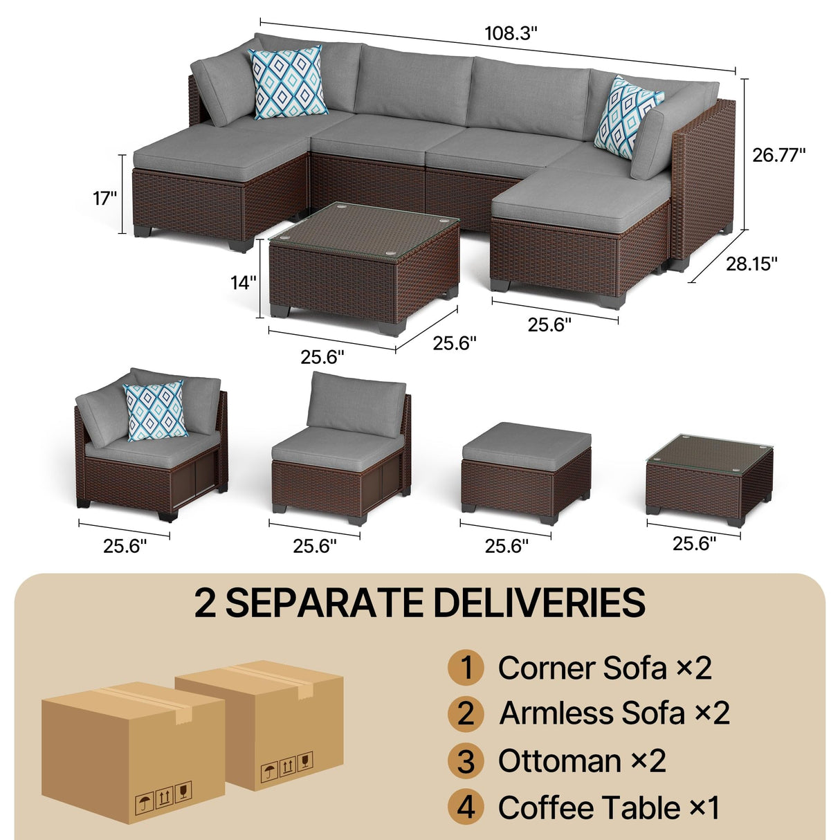 Gizoon 7 Pieces Outdoor Patio Furniture Set, All-Weather PE Rattan Wicker Sectional Sofa Seating with Waterproof Cushions and Coffee Table, Outdoor Conversation Set for Garden, Backyard, Balcony Gizoon