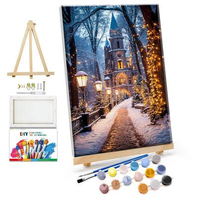 JOOZ Christmas Paint by Numbers Kit for Adults with Frame House Paint by Number with Easel Winter Scenes Paint by Number with Frame DIY Landscape Oil Painting Kits for Gift Home Wall Decor 8x12 Inch
