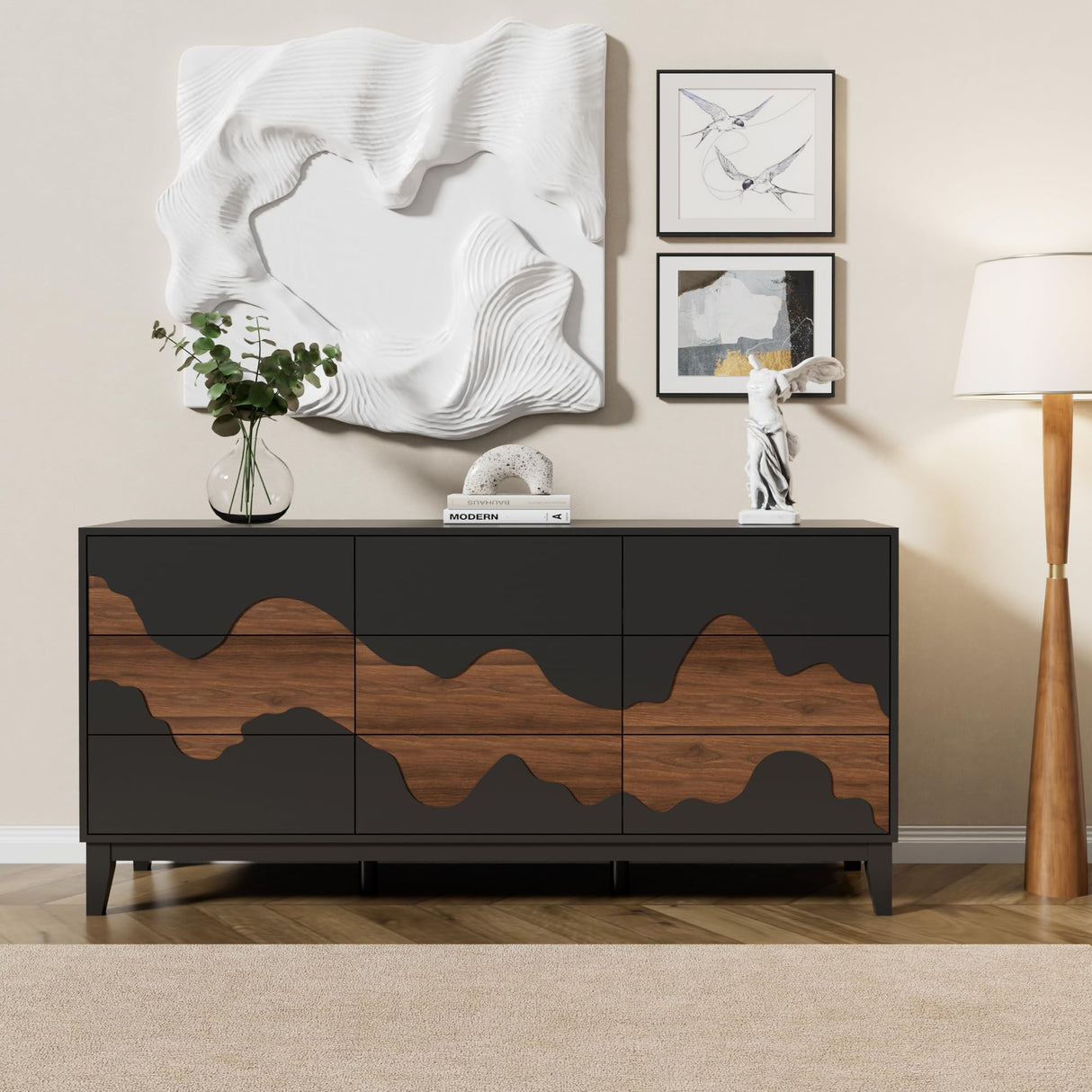 Anbuy Modern 9 Drawer Dresser 63'' for Bedroom with Brown Water Stream Patterns Design - Versatile Storage Solution for Bedroom, Porch (Black and Brown) Anbuy