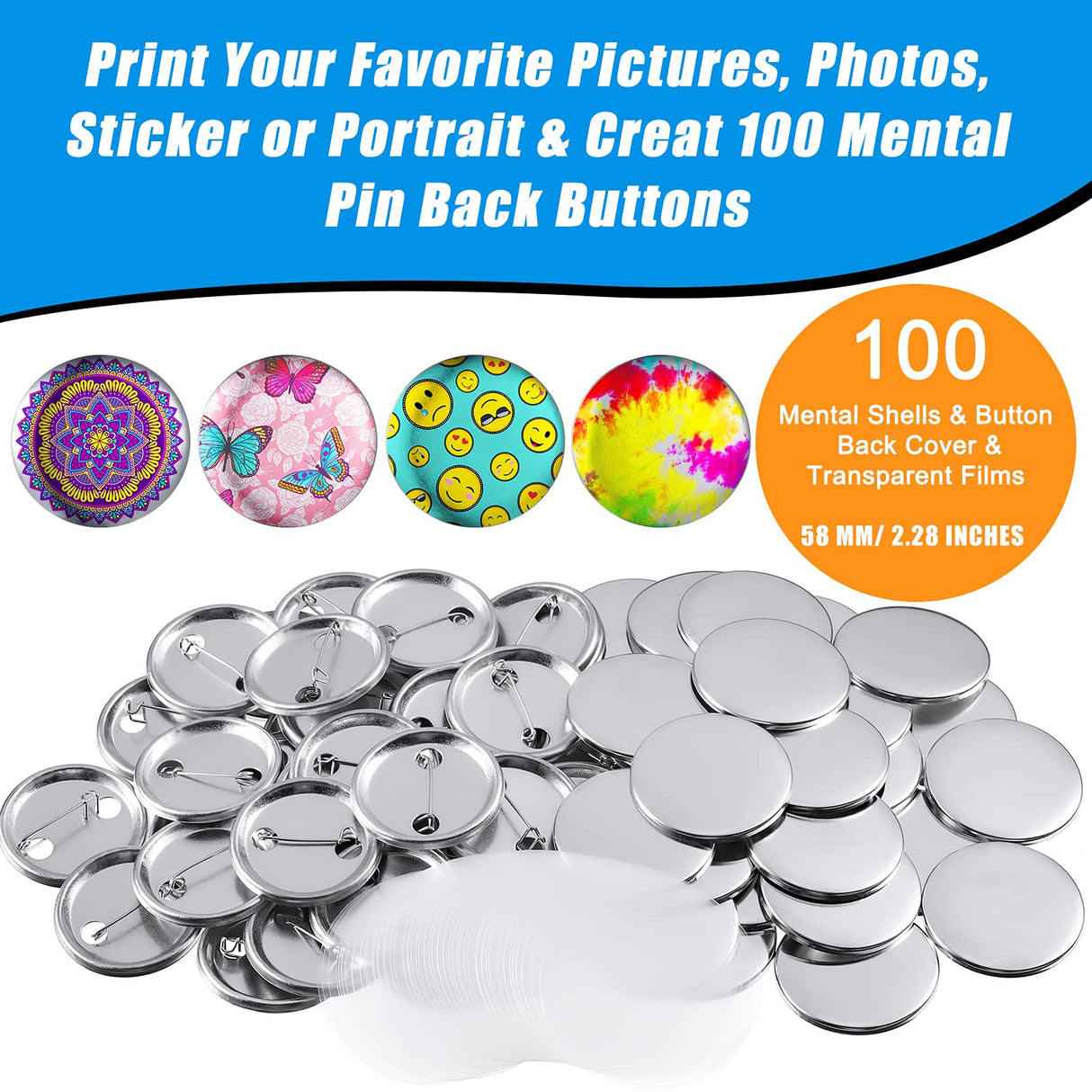300 Pieces Blank Button Making Supplies Round Badge Button Parts Metal Button Pin Badge Kit for Button Maker Machine, Including Metal Shells Back Cover and Clear Film (Tinplate,2.28 Inch) Hicarer