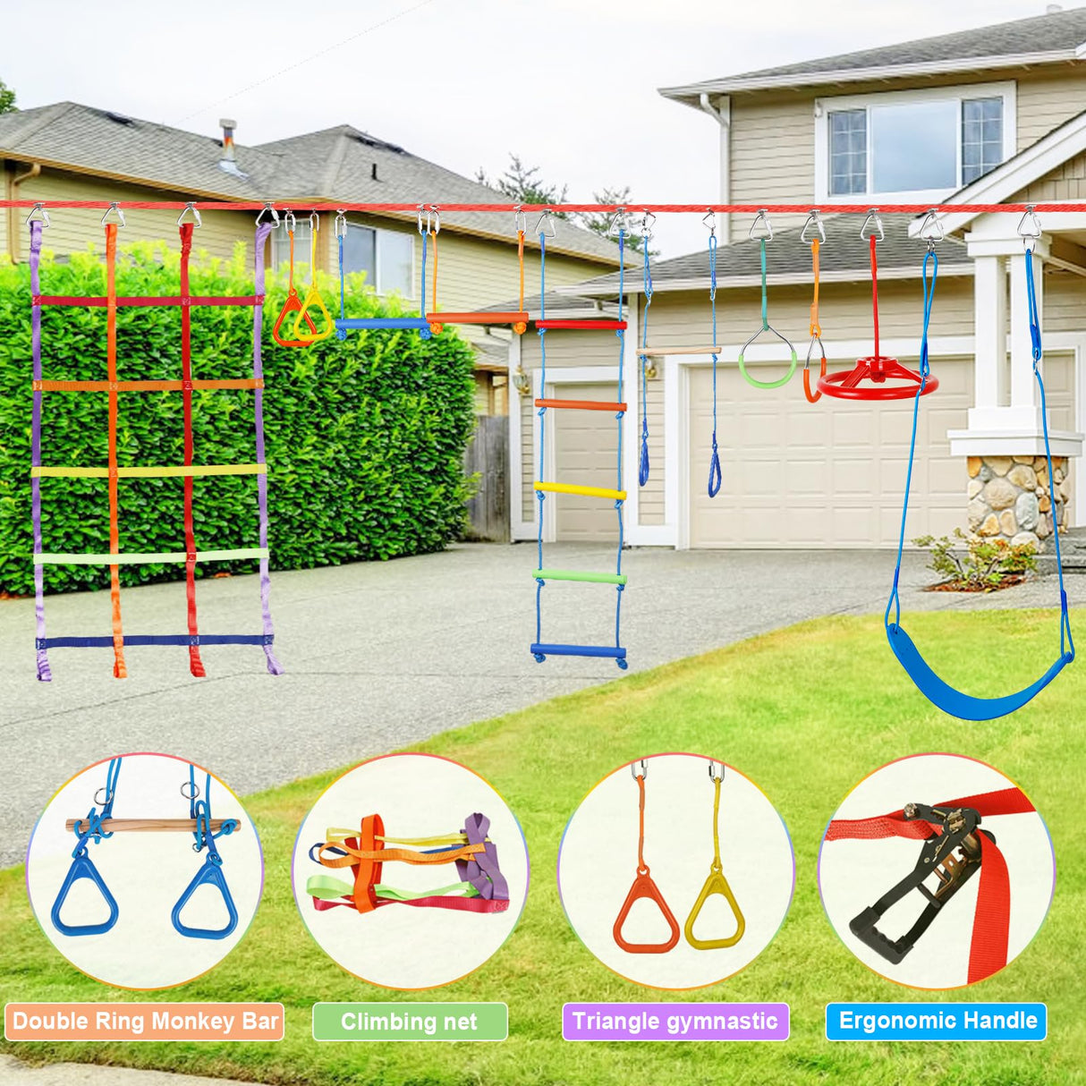 50ft Ninja Warrior Obstacle Course for Kids with Swing, Ninja Course for Kids Outside with 11 Accessories--Trapeze Swing, Climbing Net, Rope Ladder, Outdoor Playset with Monkey Bars ITEFDTUTNE
