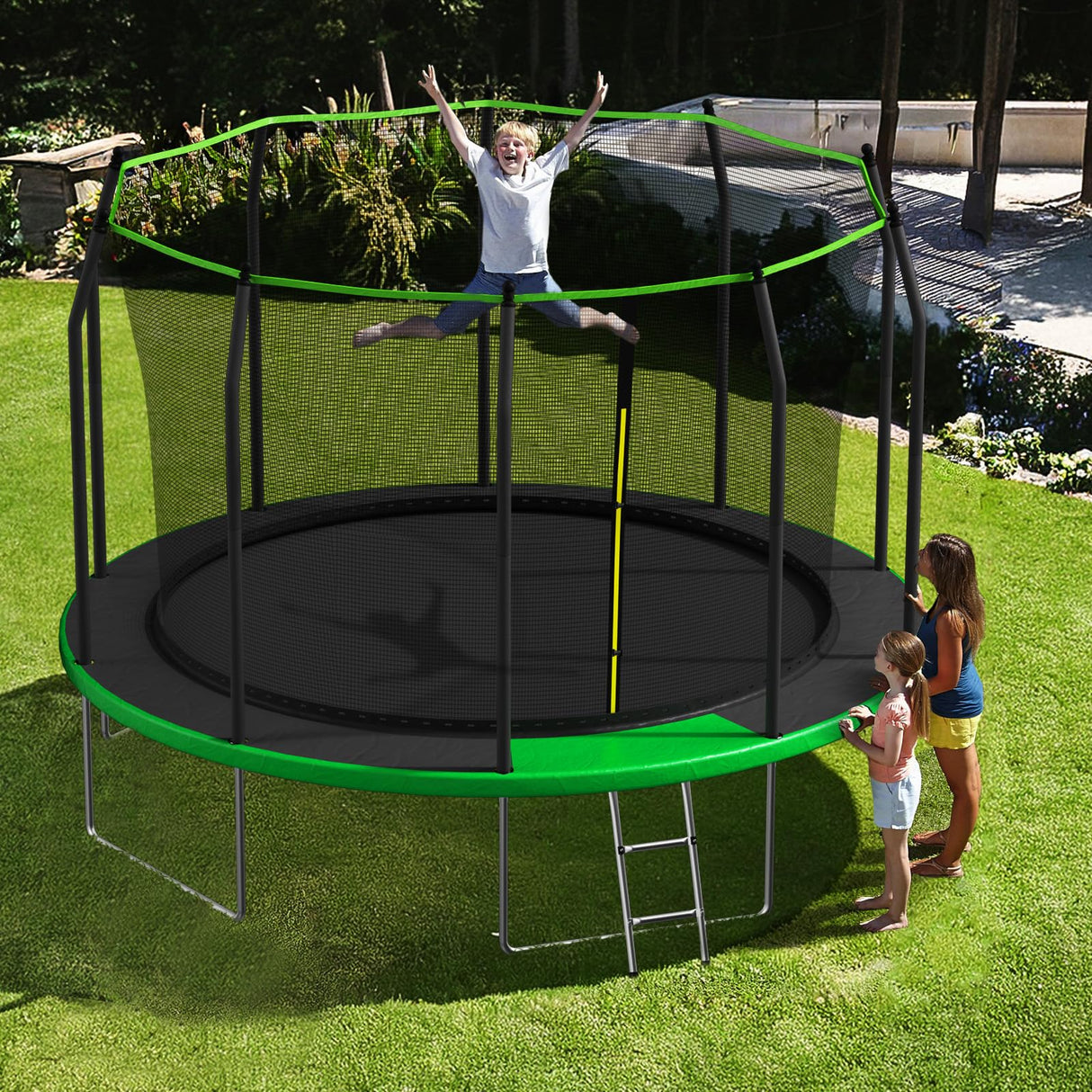 AOTOB 12 FT Kids Toddler Trampoline with Enclosure & Ladder, W-Shaped Leg with 70 pcs Springs for Maximum Elasticity - Perfect for Outdoor and Indoor Fun! AOTOB