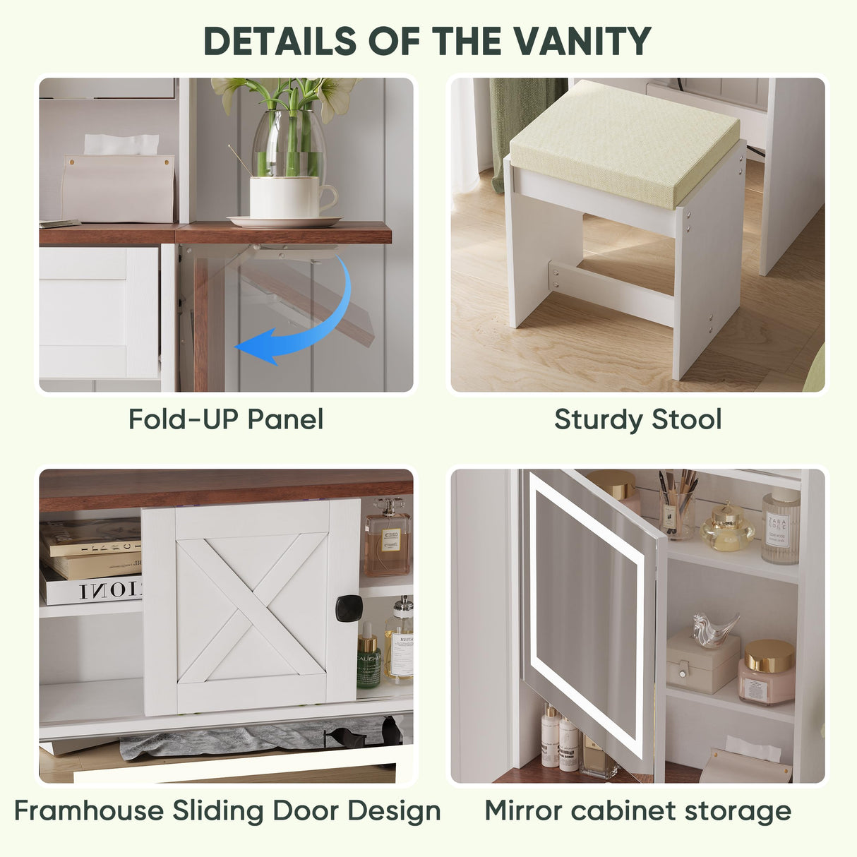Vanity, Small Vanity Desk with Mirror and Lights, Farmhouse Makeup Vanity Table with 3 Adjustable Lighted Mirror and Chair for Compact Space, Corner Mini White Make up Table with Fold-up Panel Smart FENDEE