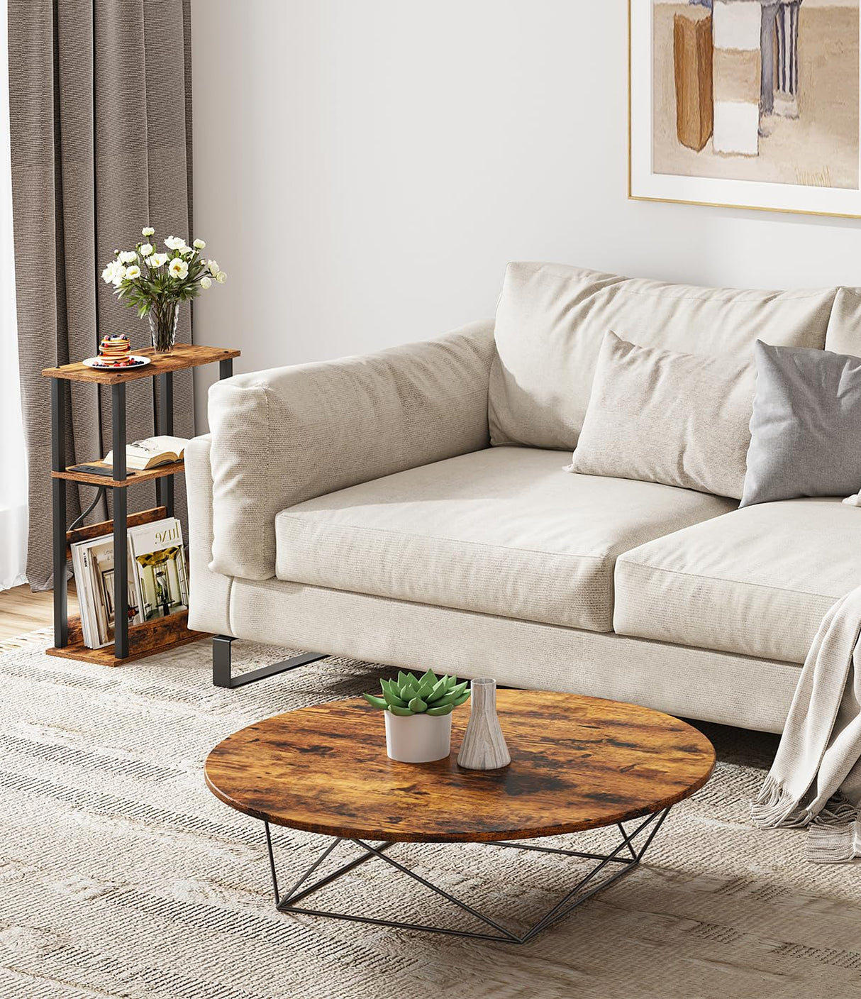 VIMBER Narrow Side Table with Charging Station, 2 Set of Skinny End Table for Small Spaces, Sofa Beside Table with Storage Shelf, Slim Nightstand with USB Ports Outlet, Rustic and Brown VIMBER