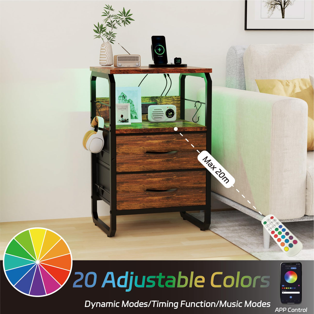 runjuly LED Nightstand, Bed Side Table with Storage, End Table with Drawers & Hooks, Bedside Table with Charging Station, AC Outlets, USB C Ports, Rustic Brown Night Stand Table for Living Room, Dorm runjuly