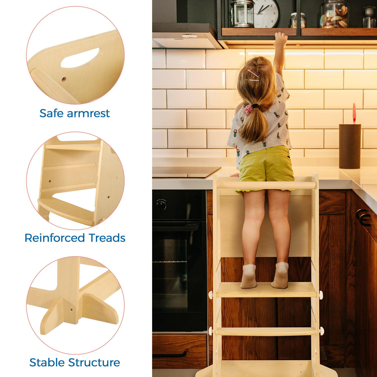 Bateso Basic Wooden Toddler Tower with Detachable Net, 3 Adjustable Height Toddler Kitchen Stool with Non-Slip Mats, Step Stool for Toddler, Toddler Step Stool for Kitchen Counter, Bathroom Sink Bateso